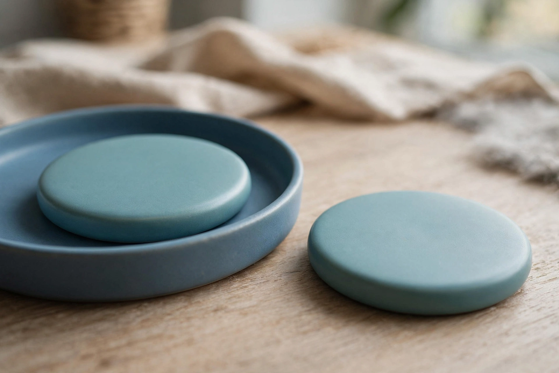 Two identical teal discs are on a wooden surface; one disc is inside a blue tray, and the other is placed separately outside the tray.