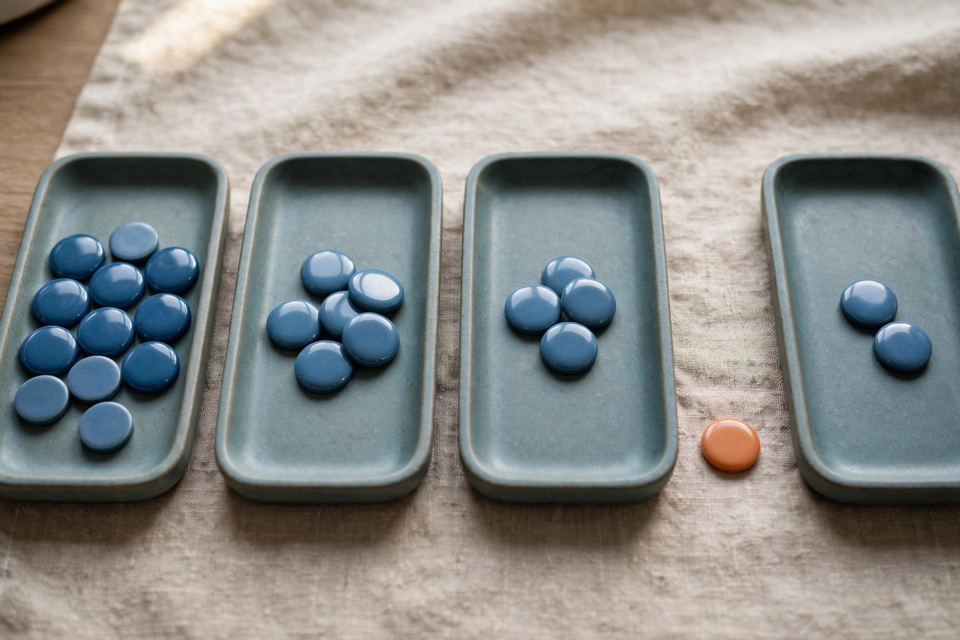 Four shallow trays with decreasing groups of blue tokens and one orange token beside an intermediate stage.