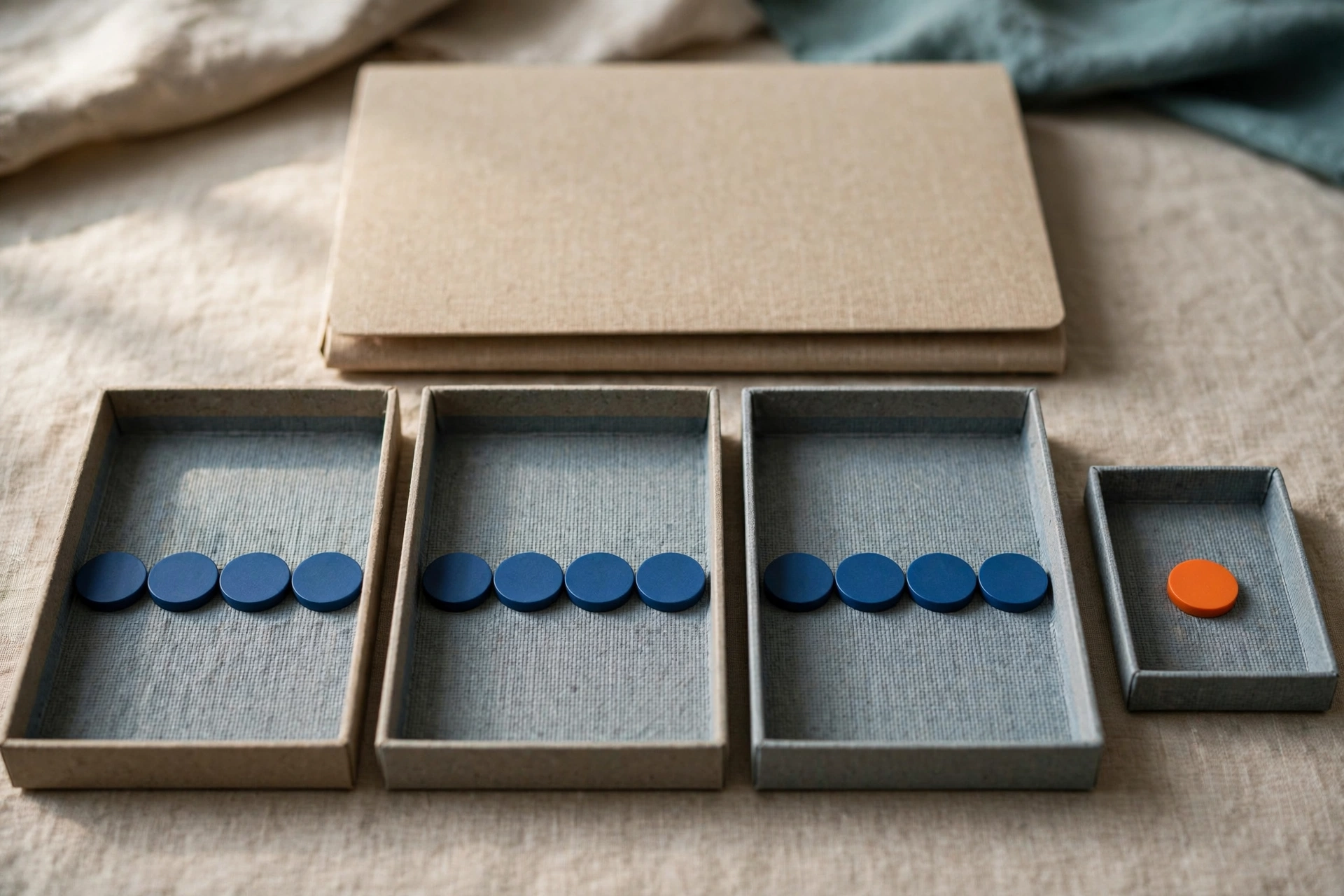 Three office trays with blue tokens progress from left to right, with a fourth tray holding a single orange token to the right.