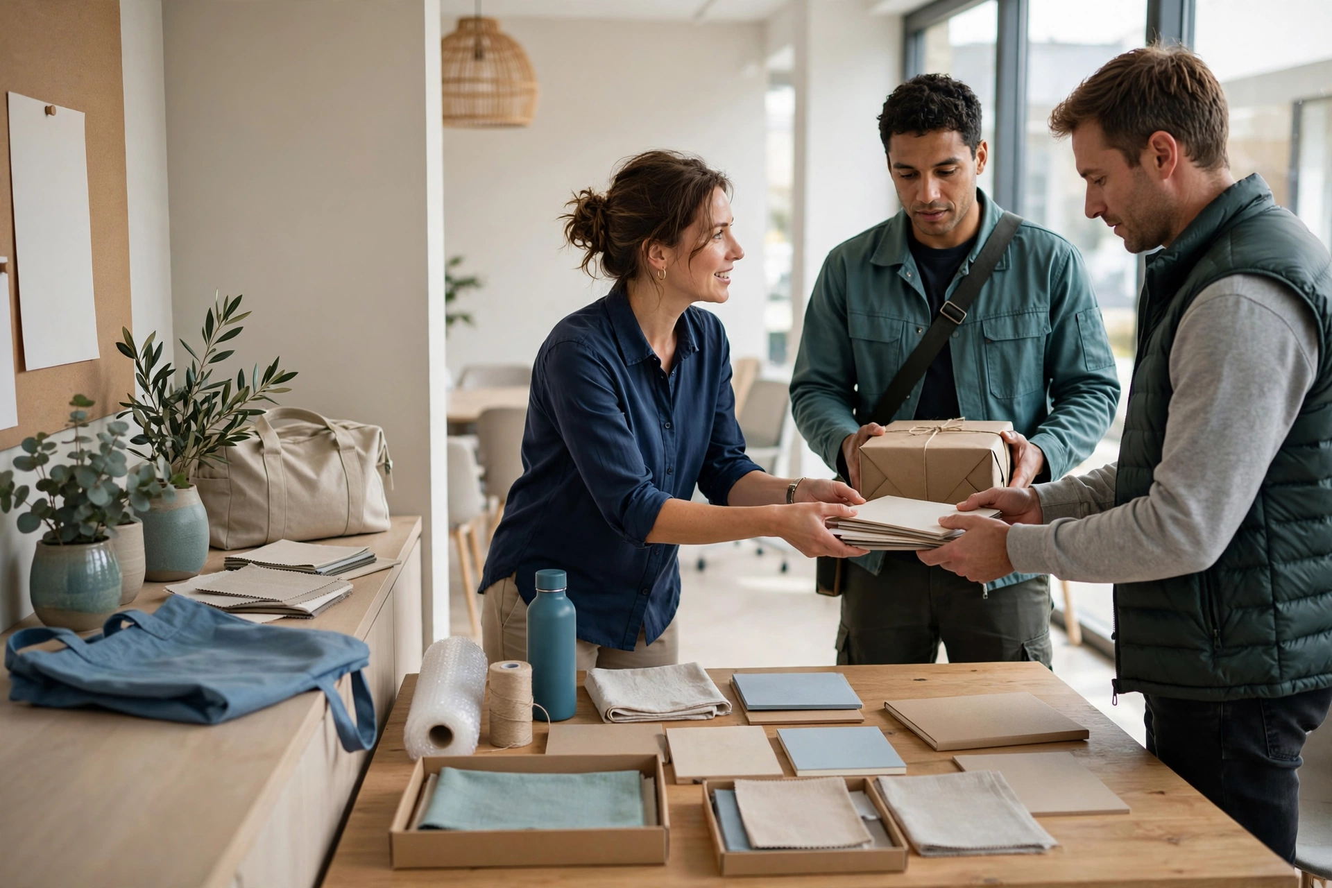 A woman hands sample materials to two men, one holding a package, in a bright project room.