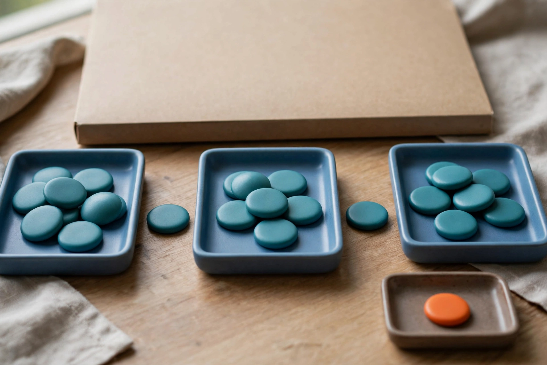 Three blue trays with teal tokens in sequence and one orange token in a separate tray on a wooden surface.