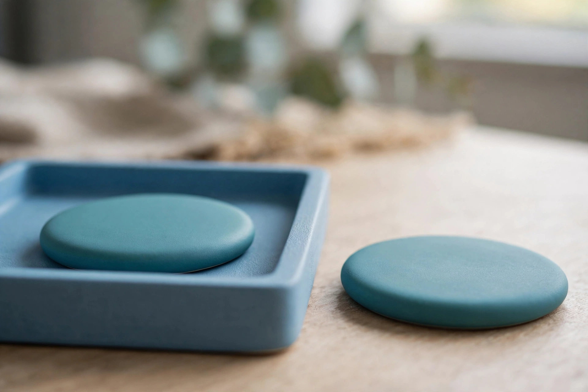 Two identical teal ceramic discs are shown side by side on a desk, with one disc placed inside a blue tray.