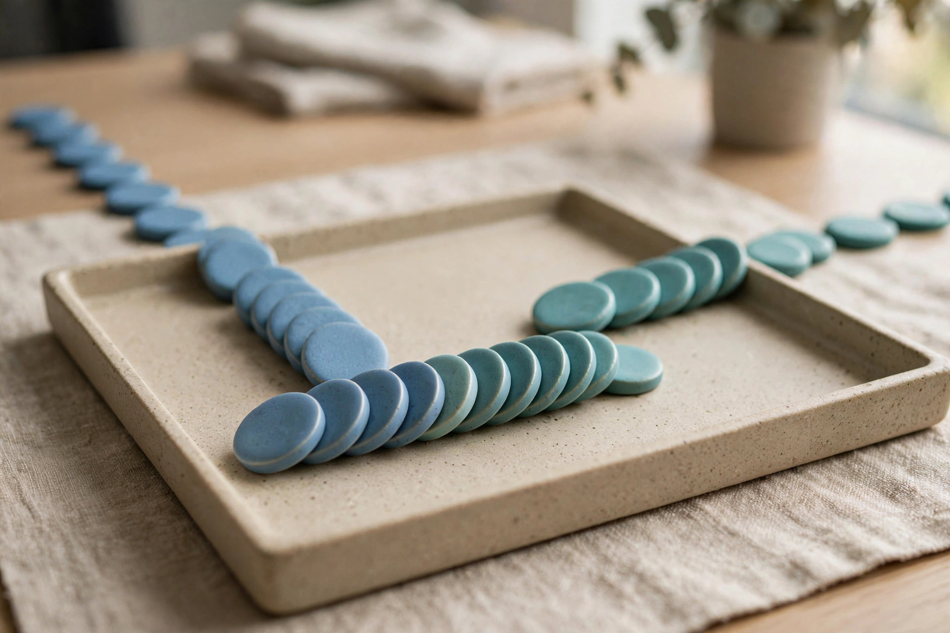 Two streams of blue and teal ceramic tokens converge into one neat ordered row inside a shallow sorting tray on a table.