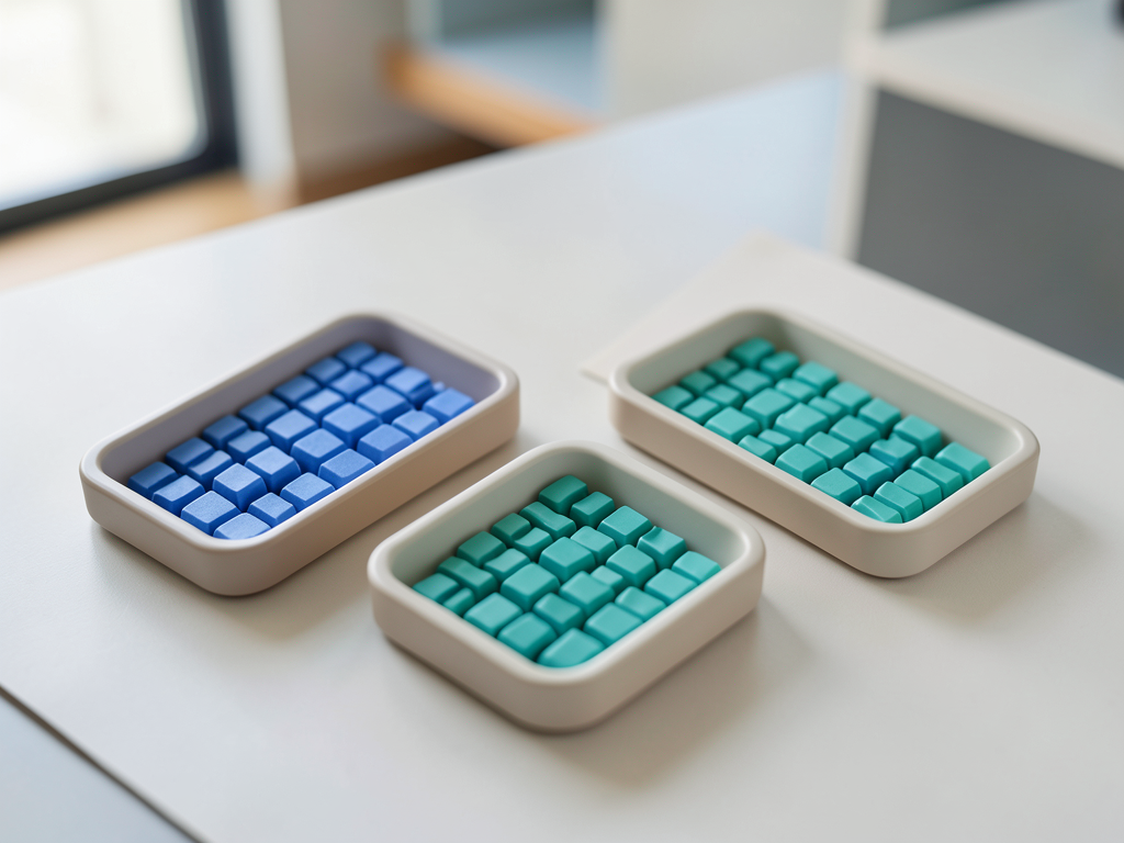 Three trays of blue and teal tokens are arranged on a white surface, symbolizing data integration.