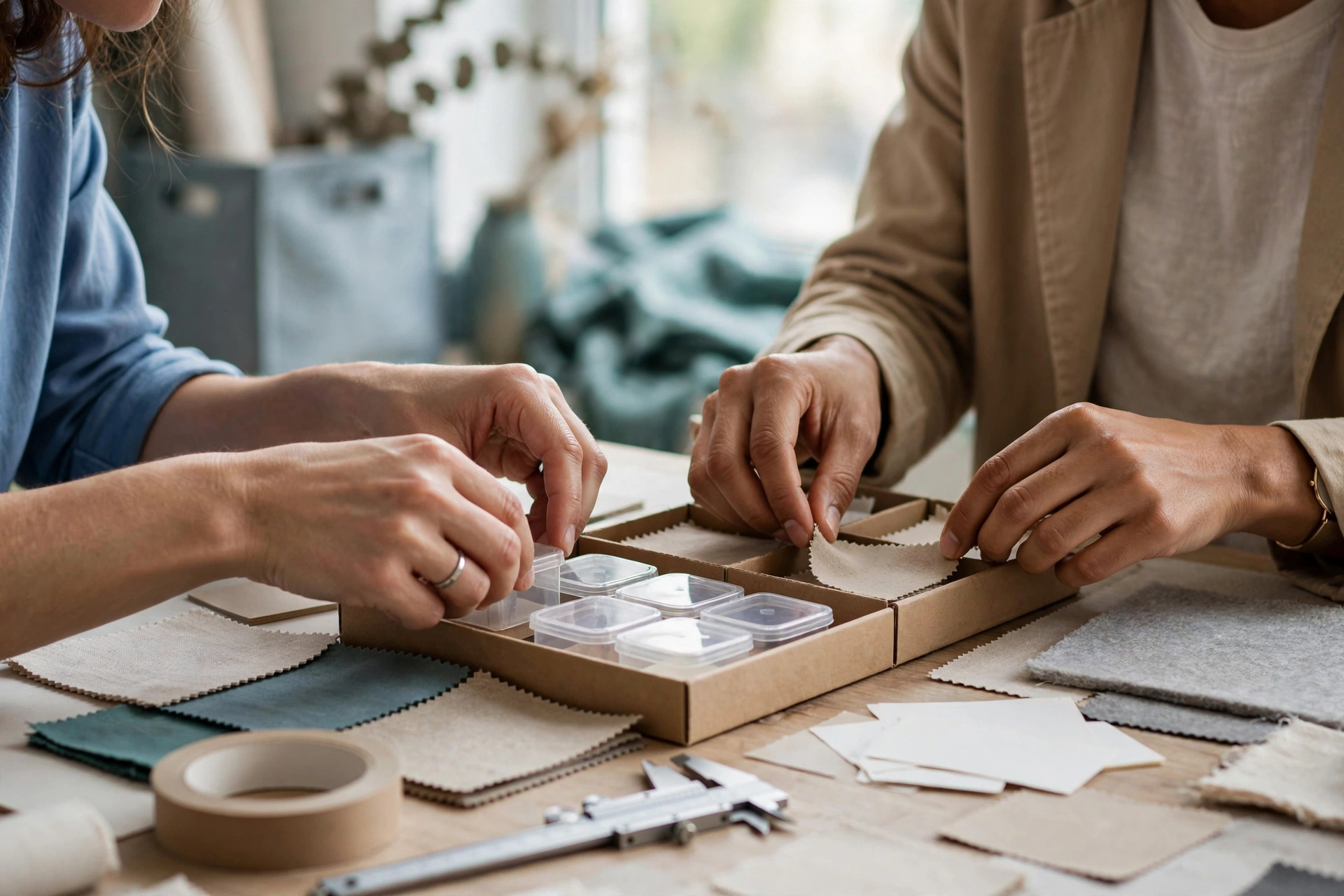 Two colleagues are shown working together at a table, sorting through fabric samples and small containers in a studio setting.