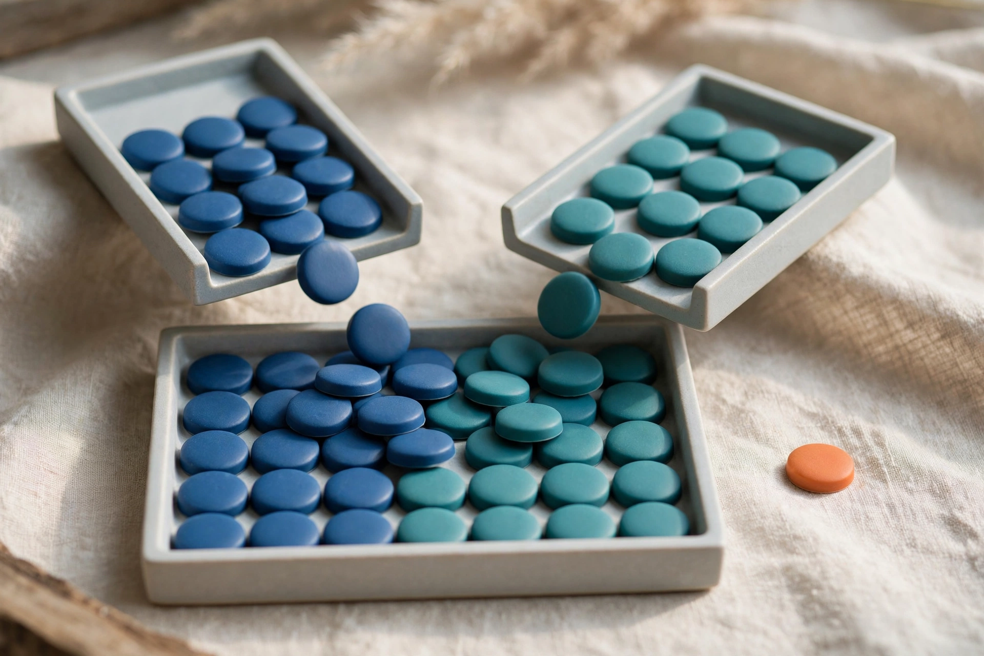 Two trays of blue and teal tokens converge into a single organized tray, with one orange token isolated to the side.