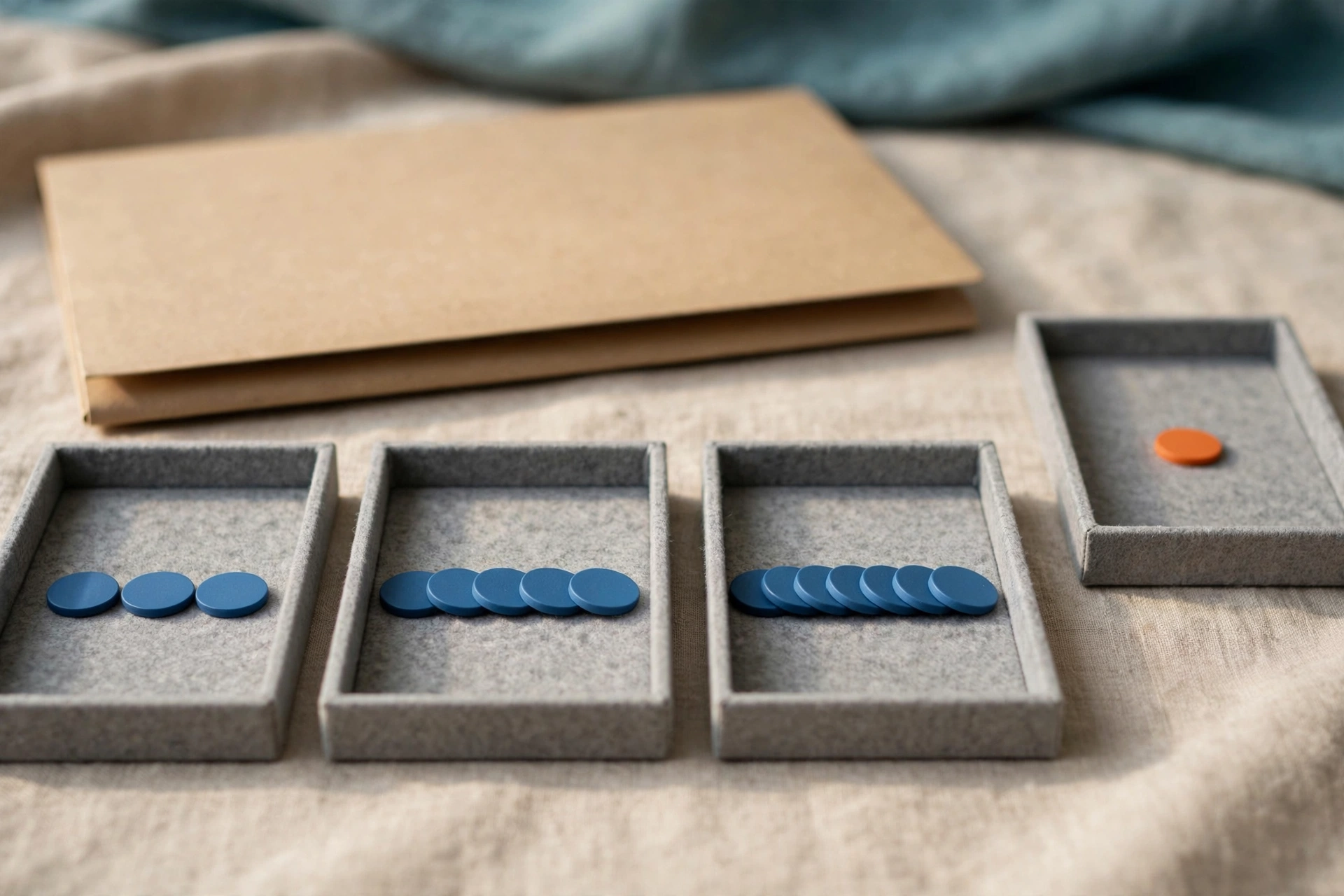 Three shallow office trays with blue tokens progress from left to right, with a fourth tray holding a single orange token.