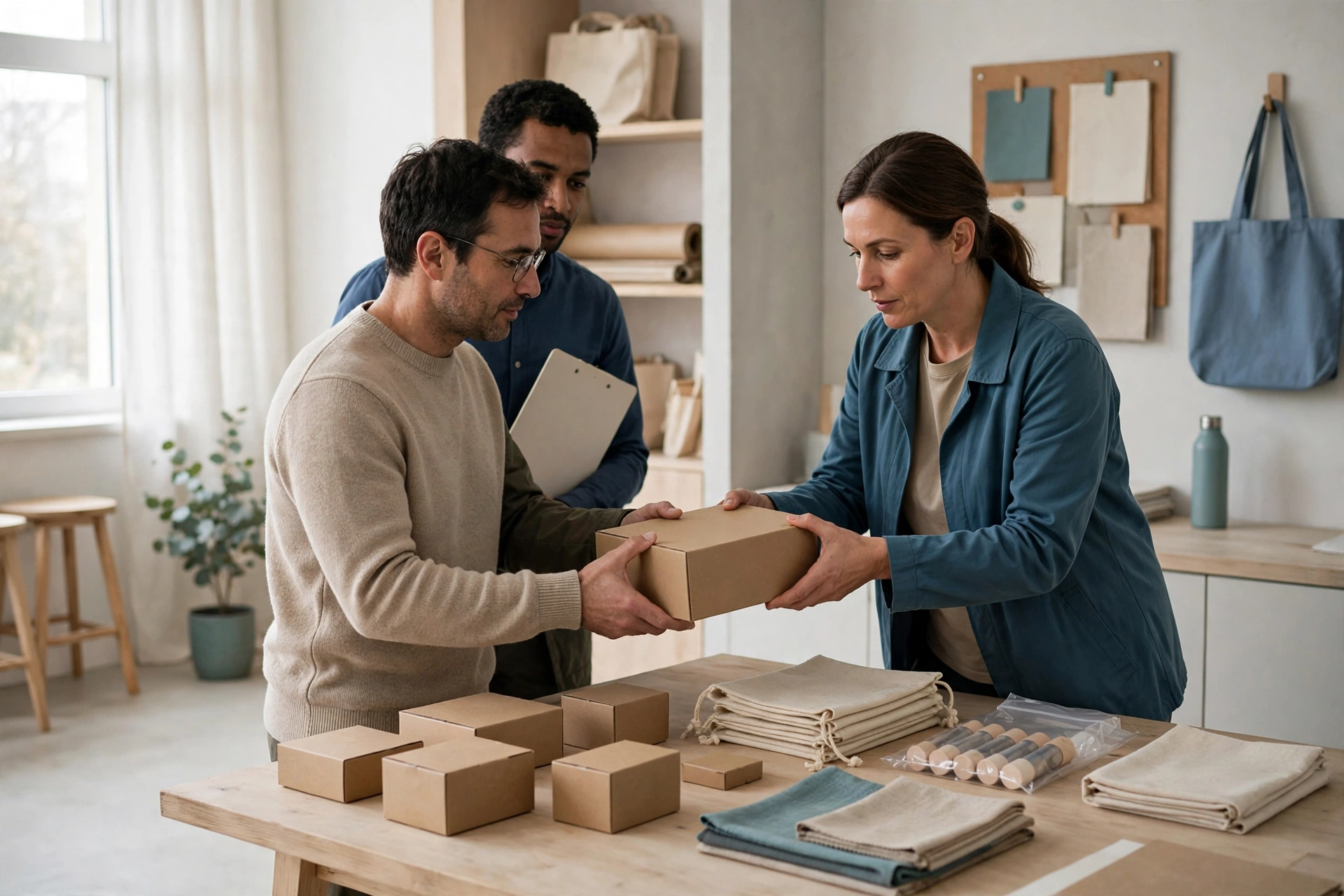 A man hands a box to a woman while another man looks on in a bright project room with sample materials on a table.