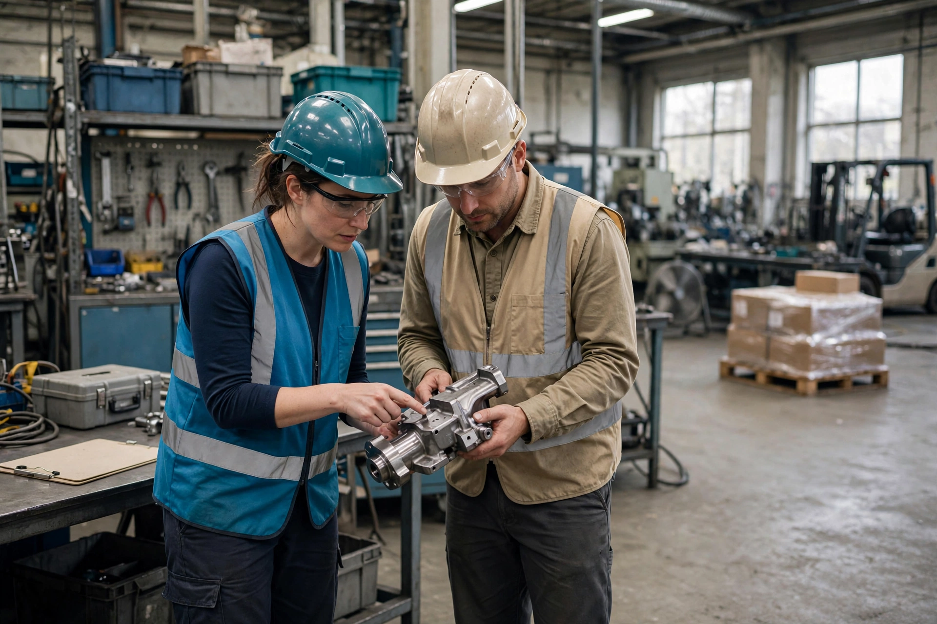 A woman in a teal hard hat and vest points to a metal component held by a man in a tan shirt and vest in a factory.