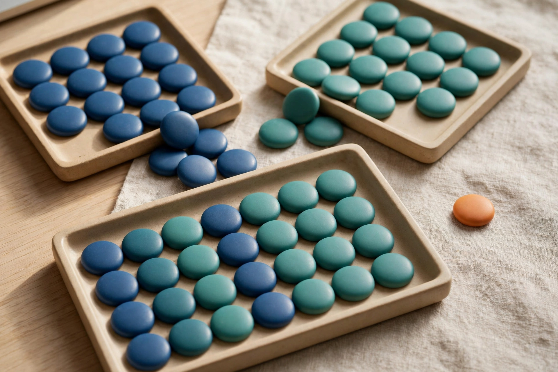 Two trays of blue and teal tokens converge into a single organized tray with one orange token beside it.