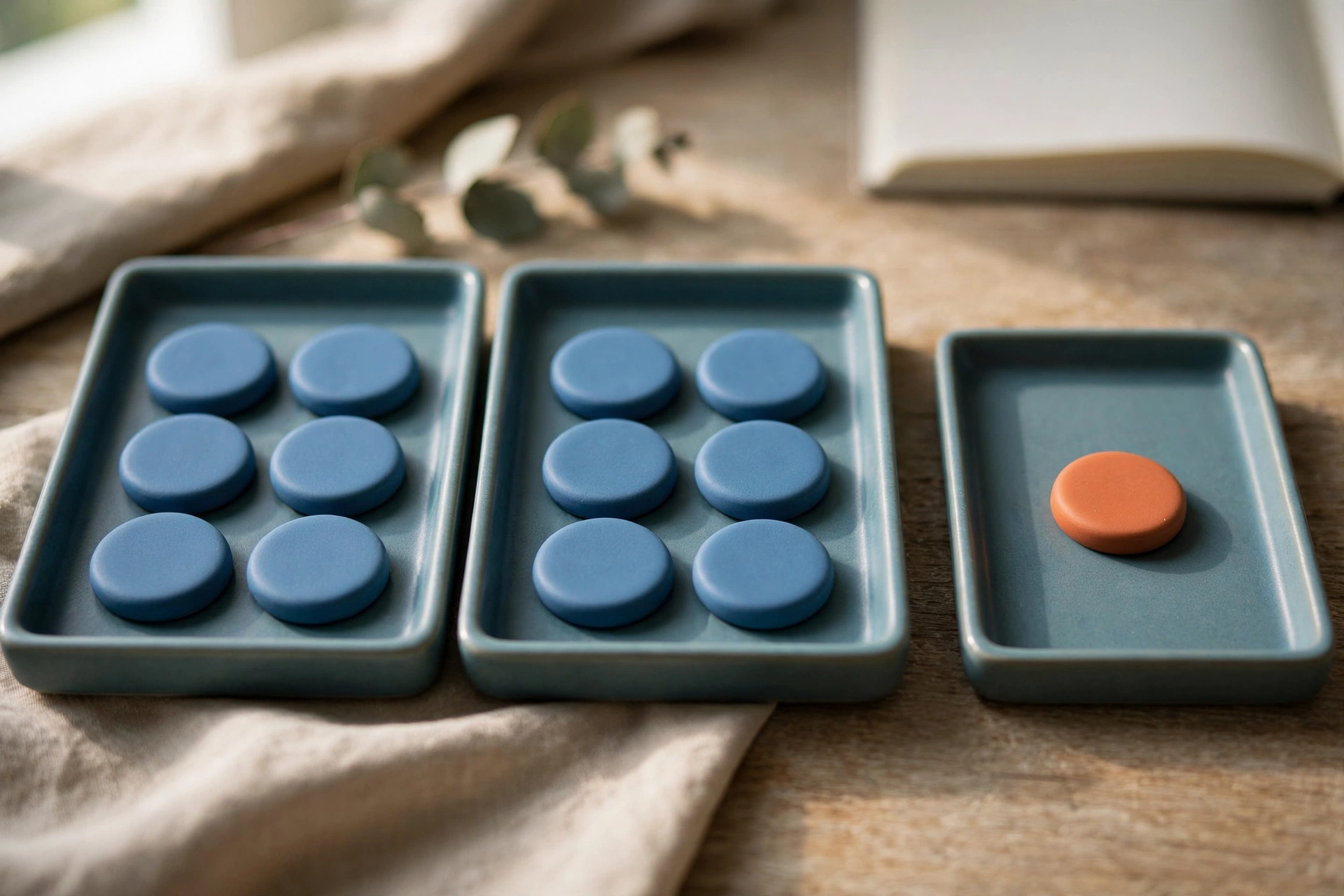 Three shallow trays with blue tokens, one tray has a single orange token, on a wooden surface.