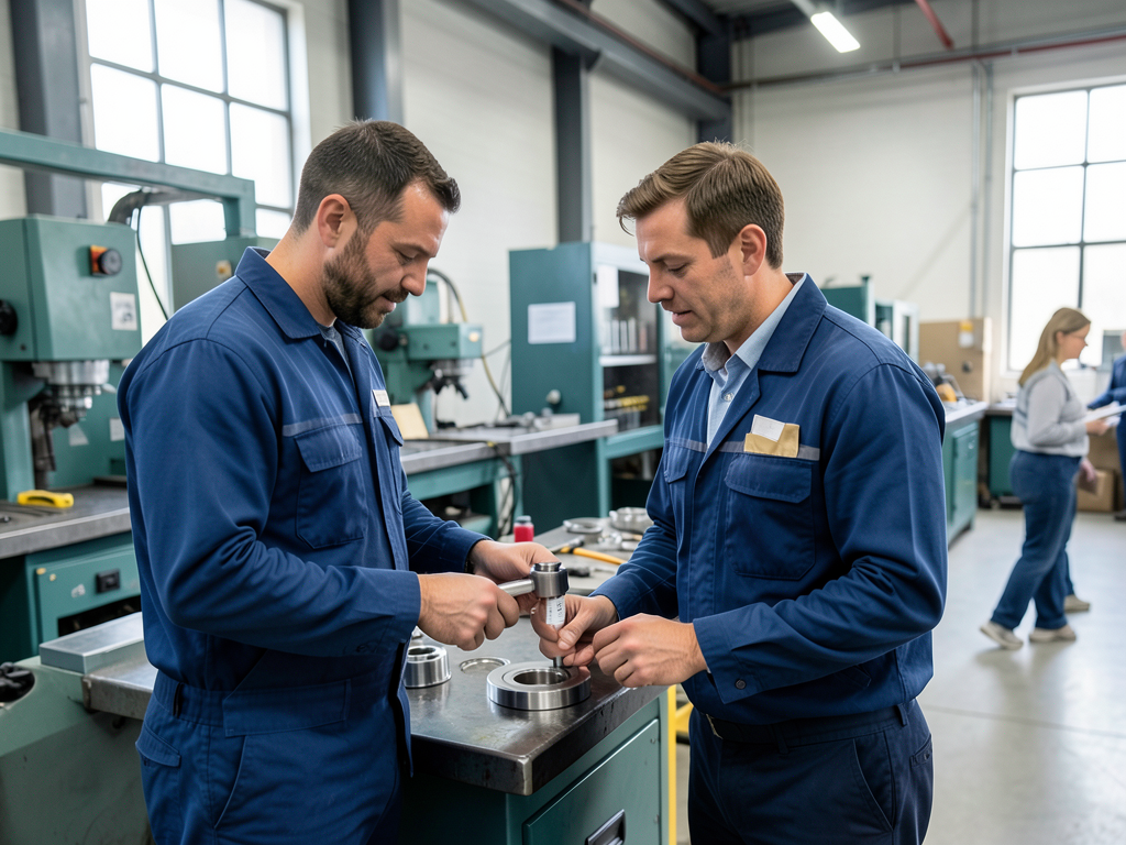 Two men in blue work uniforms inspect a metal component in a factory work cell, with another pair of colleagues in the background.