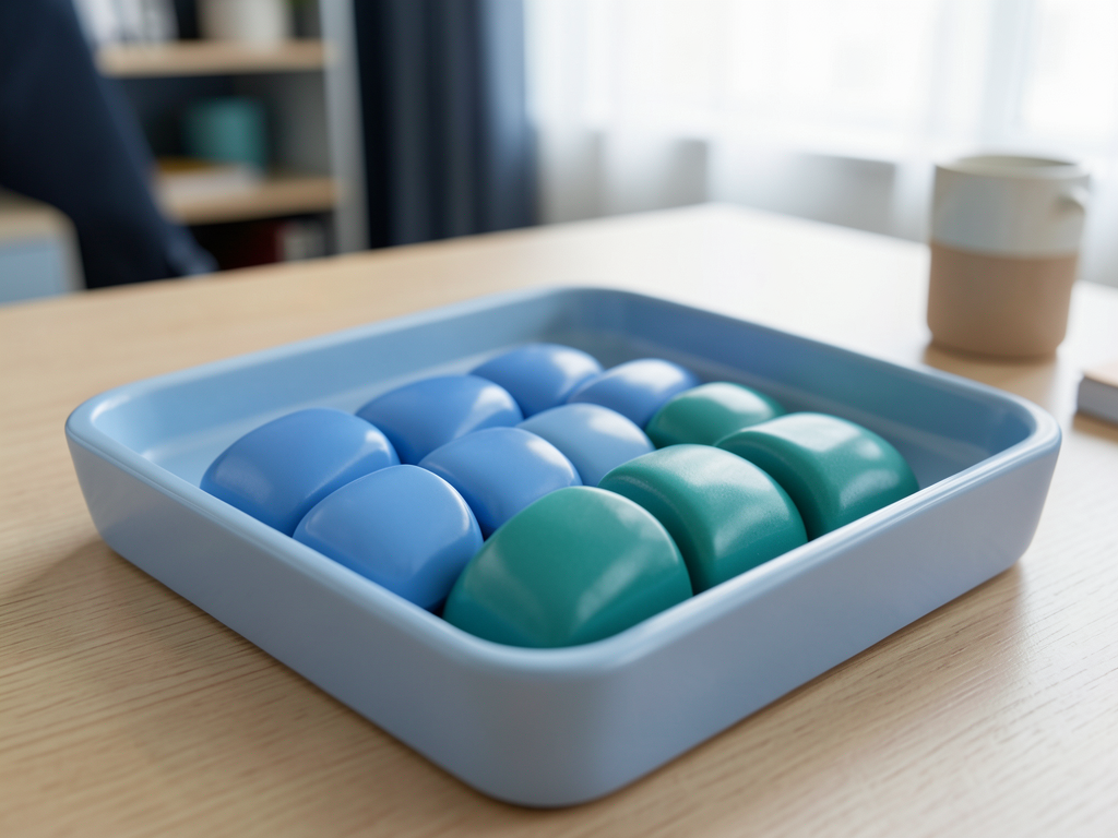 Blue and teal ceramic tokens are arranged in a shallow sorting tray on a wooden desk, representing data consolidation.