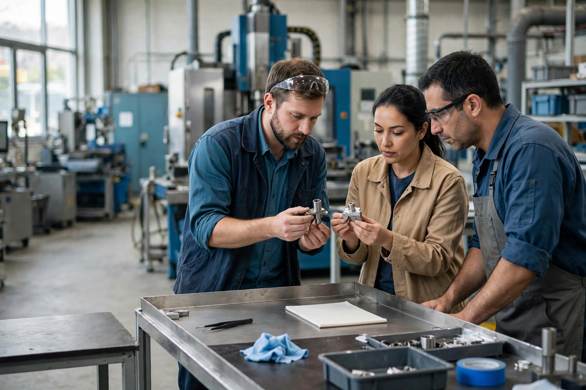 Three manufacturing professionals, two men and one woman, compare metal parts at a clean assembly station with machinery in the background.