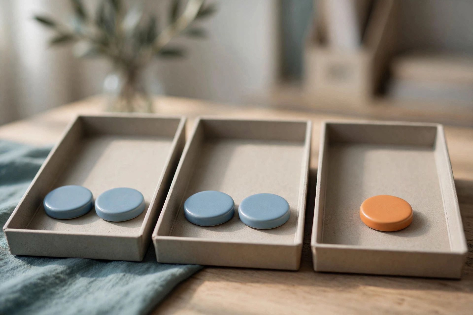 Three shallow office sorting trays on a desk, two with blue tokens and one with an orange token, with a blurred office background.