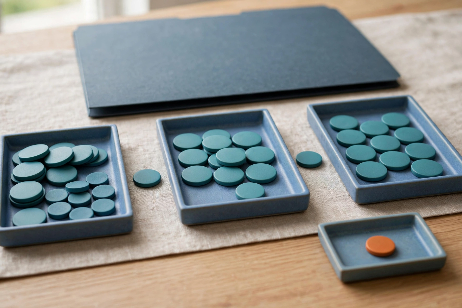 Three blue trays with teal tokens are arranged in a line, with a fourth blue tray holding a single orange token to the side.