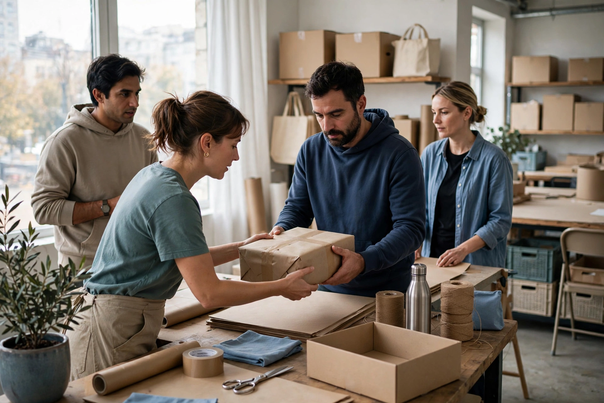 Four people coordinate a physical handoff of plain unlabeled materials in a bright working studio.