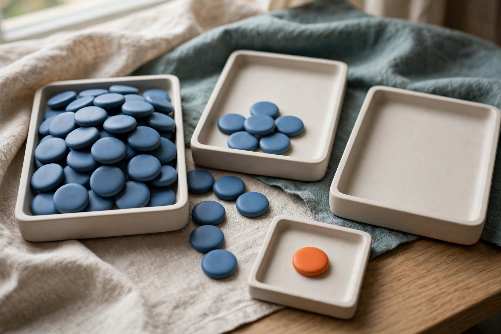 Three shallow trays hold blue tokens, with one tray containing an orange token, arranged on fabric and a wooden surface.