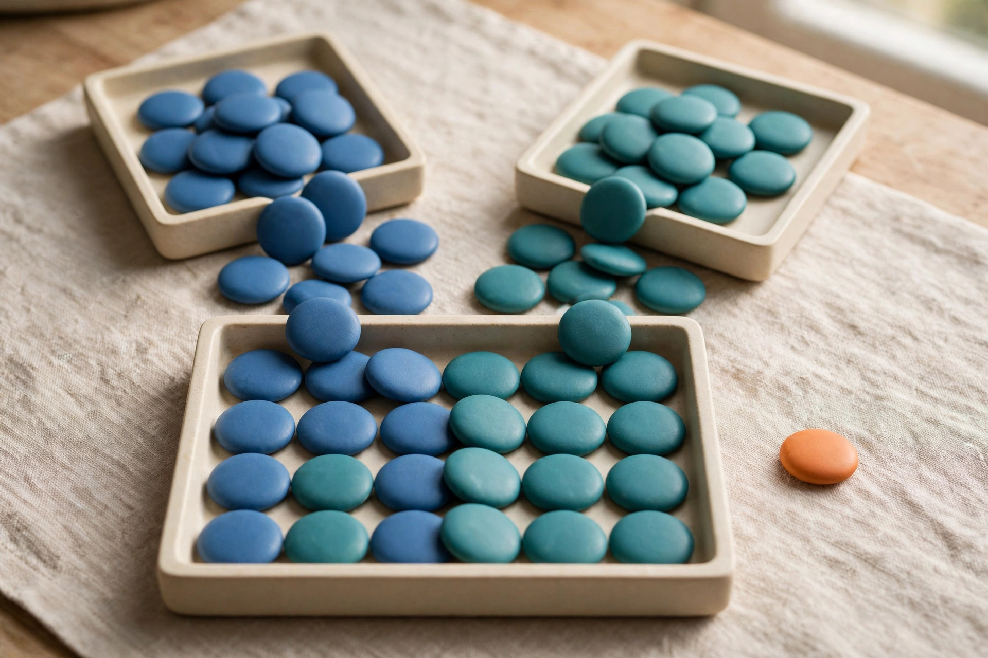 Two trays of blue and teal tokens merge into a single organized tray, with an orange token isolated to the side.