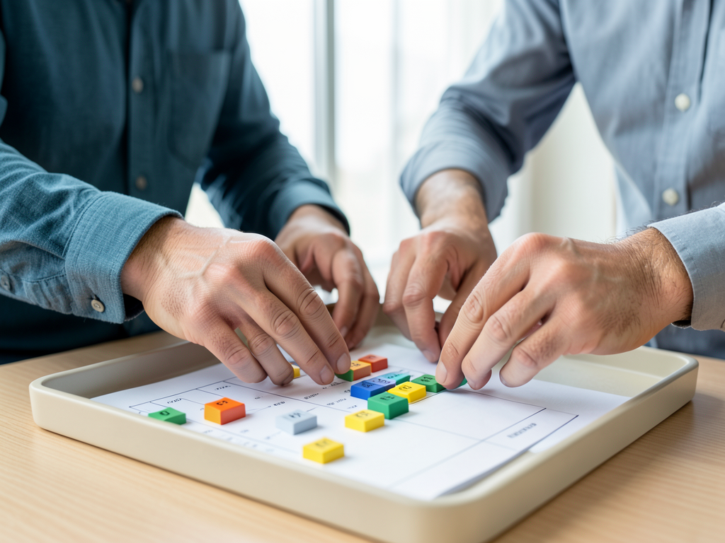 Two men are shown from the chest down, collaborating on a table by moving colored blocks on a chart.