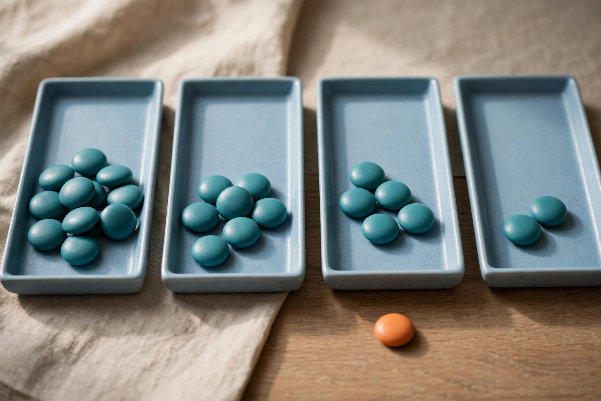 Four shallow blue trays arranged left to right contain progressively fewer teal tokens, with a single orange token isolated beside the second tray.