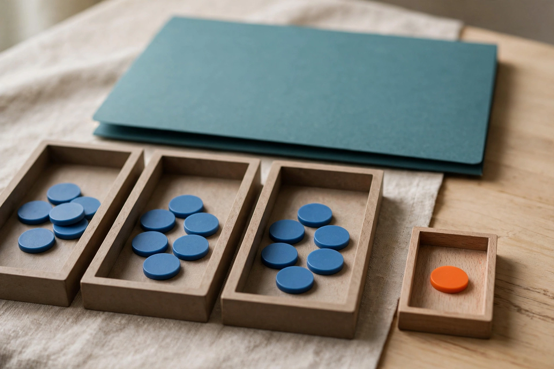 Blue tokens are distributed in three wooden trays, with one orange token isolated in a small tray, and a teal folder behind.