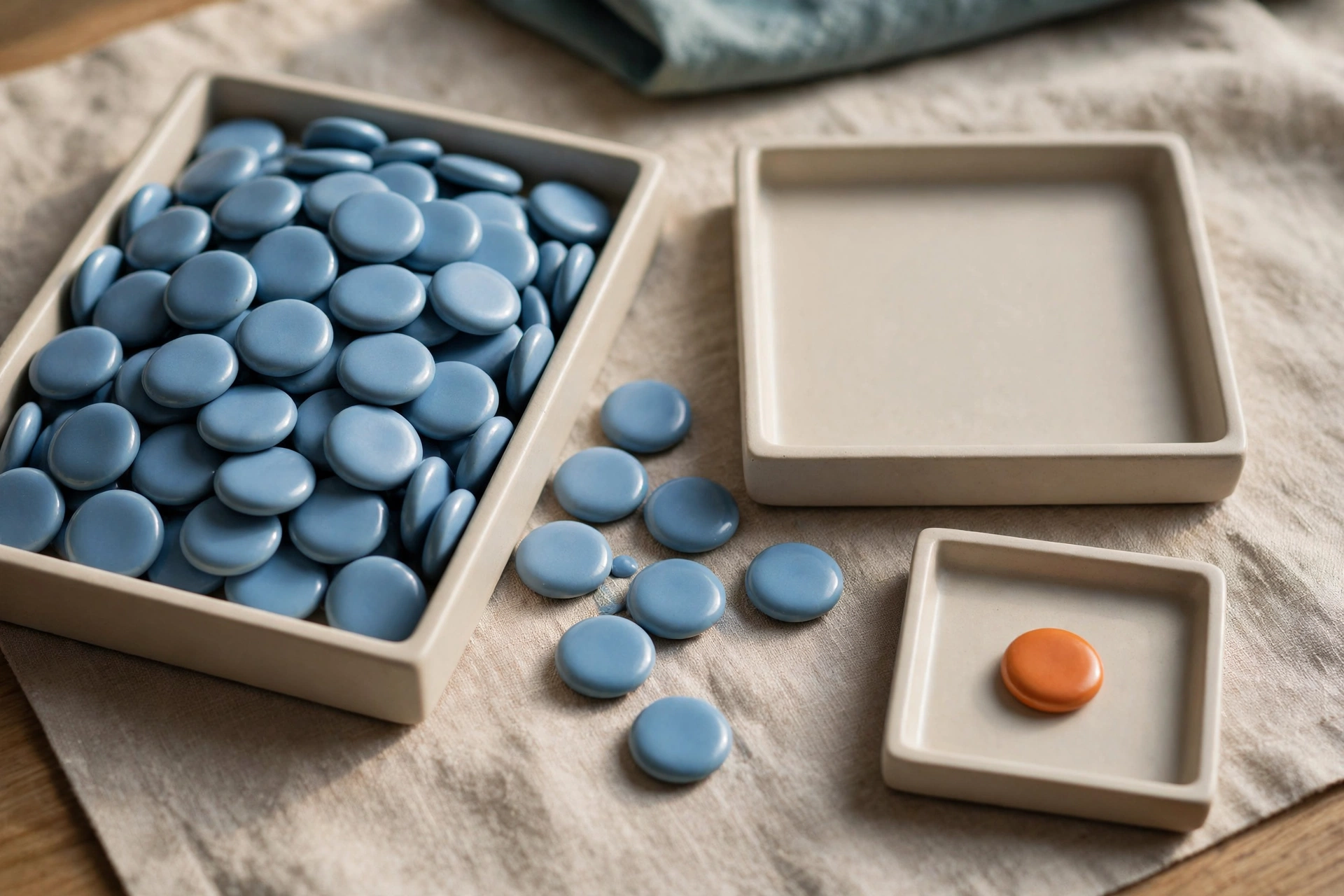 Three shallow trays hold blue tokens, with one tray containing an orange token, arranged on a textured cloth.