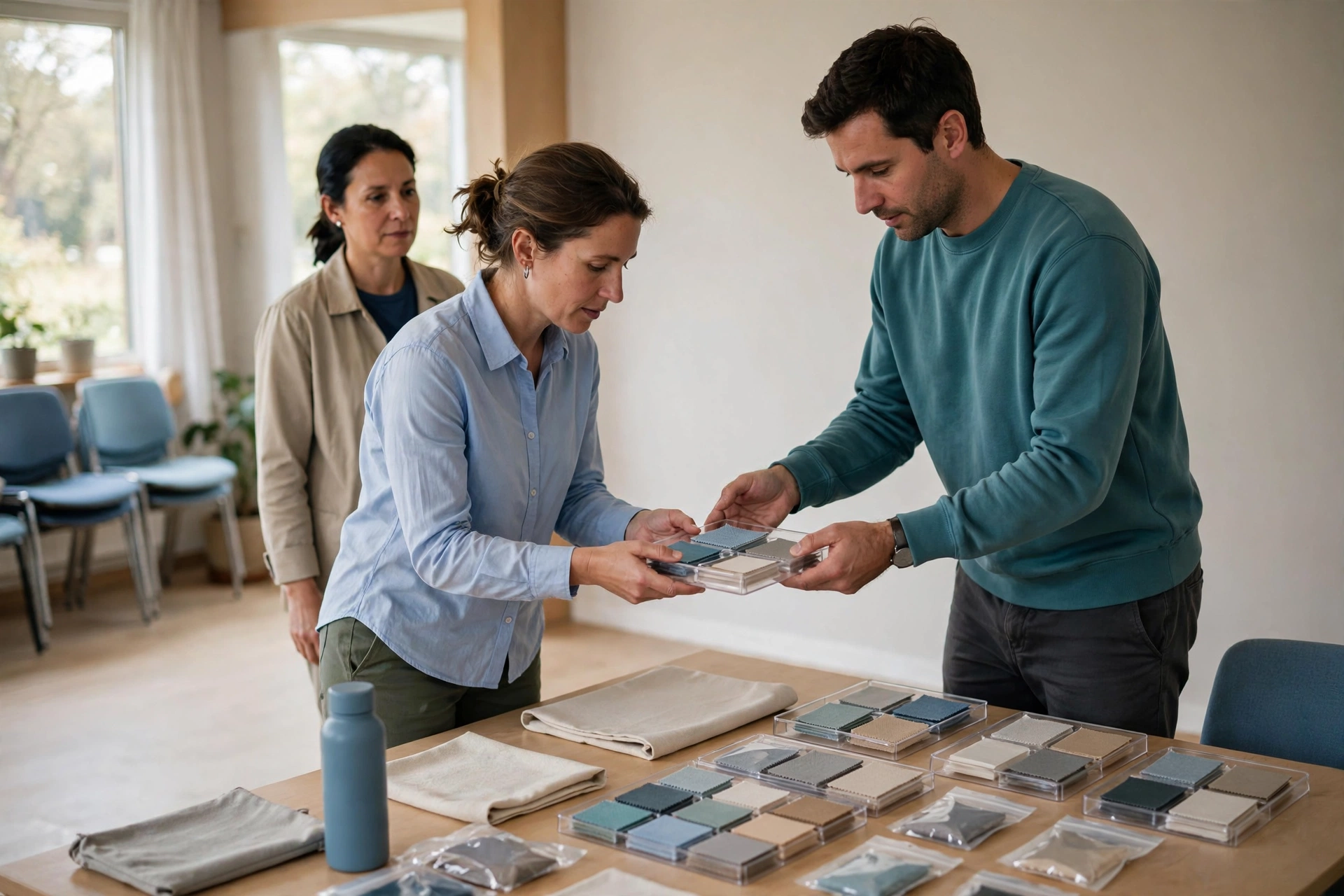 A woman hands material samples to a man while another woman watches in a bright training room.