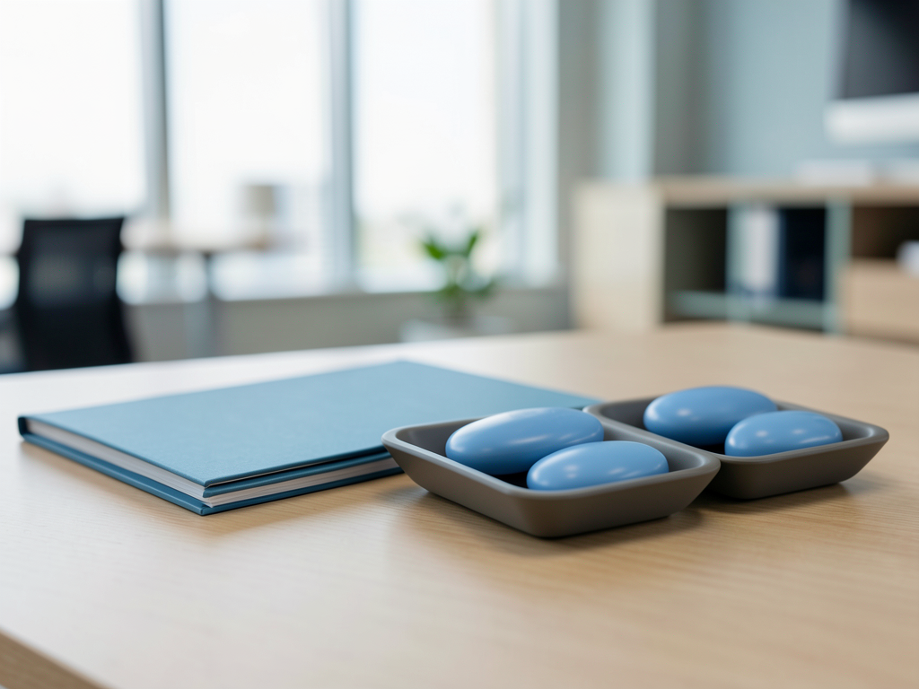 A blue notebook and blue tokens in trays are arranged on a wooden desk in a blurred office setting.