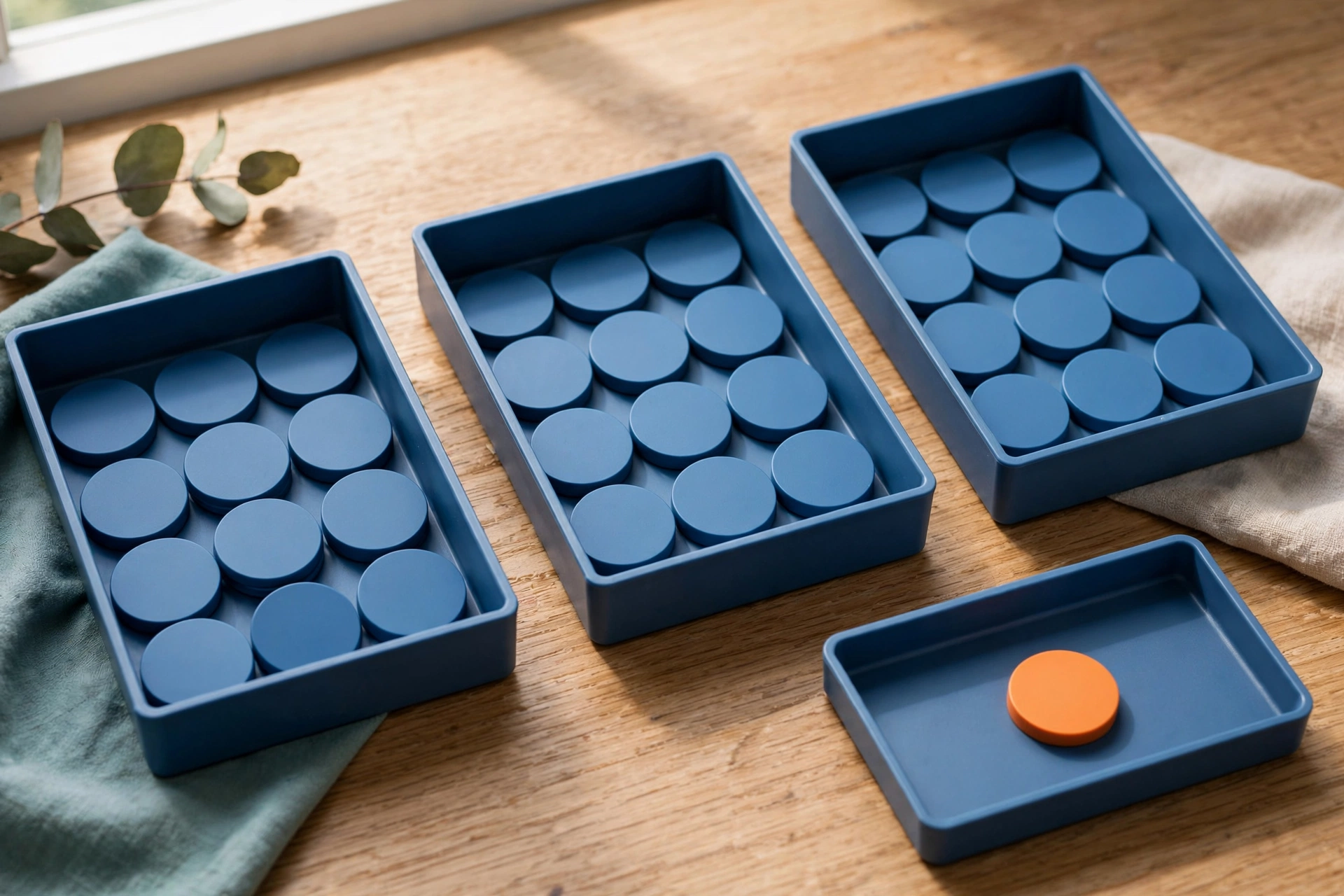 Three blue sorting trays with blank tokens are arranged in sequence, with a fourth tray holding a single orange token, on a wooden surface.