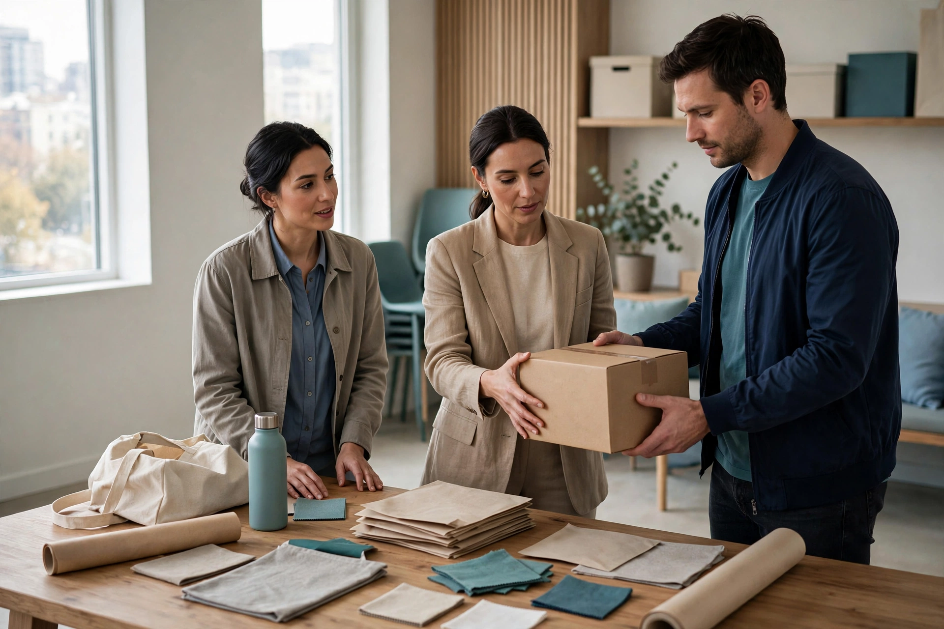 Three people stand around a table in a bright project room, coordinating a customer handoff with sample materials.