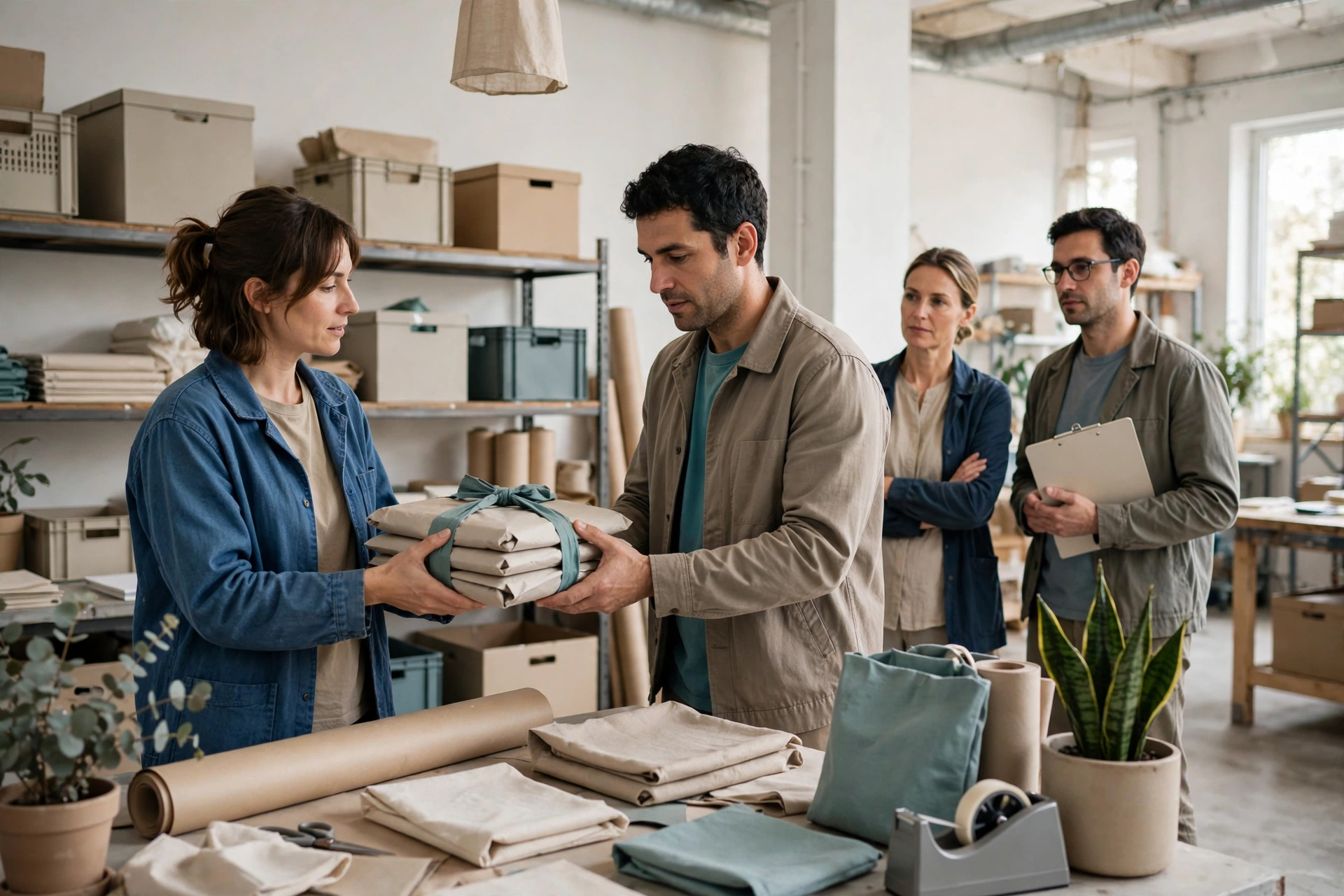A woman hands a stack of wrapped packages to a man while two colleagues observe in a studio.