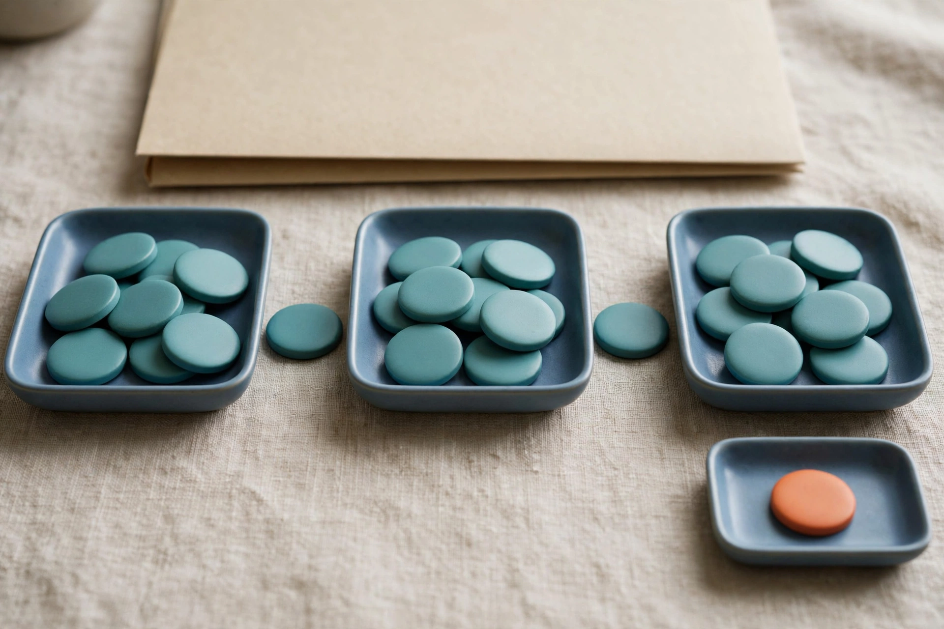 Three blue trays hold teal tokens in a left-to-right sequence, with a single orange token in a fourth tray to the right.