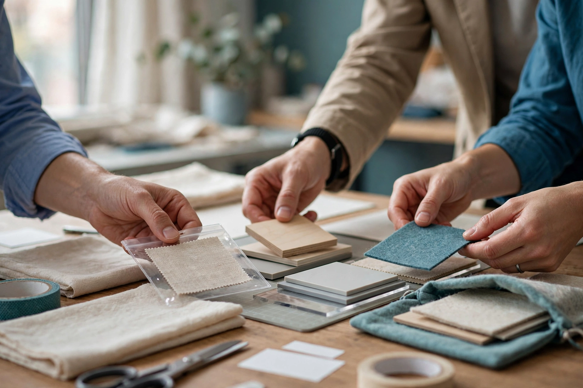 Three people's hands are arranging material samples on a wooden table in a bright room.