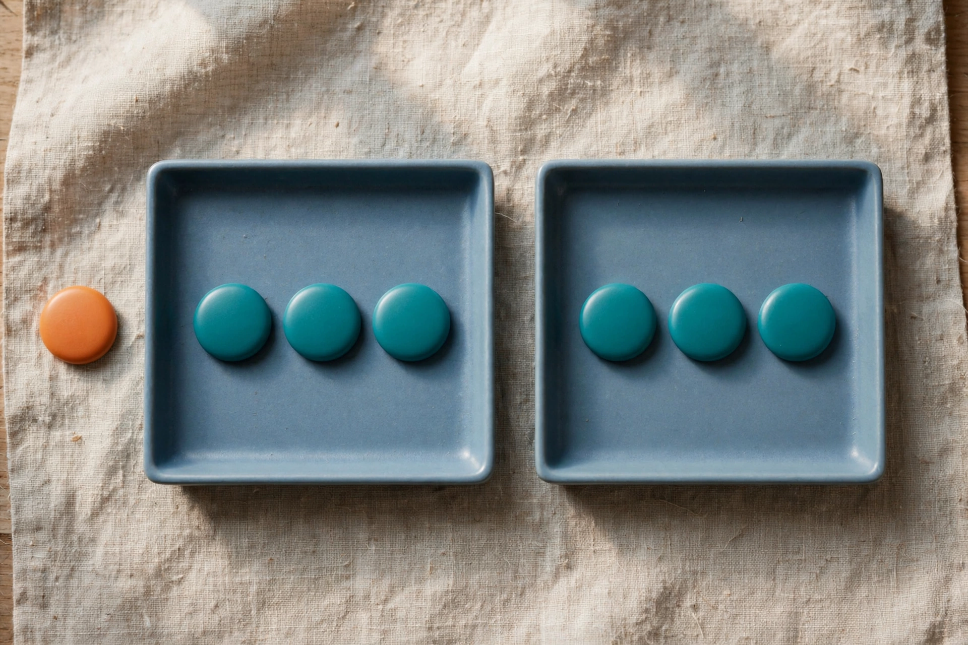 Two blue trays hold teal tokens, with an orange token placed separately to represent an unbilled exception.