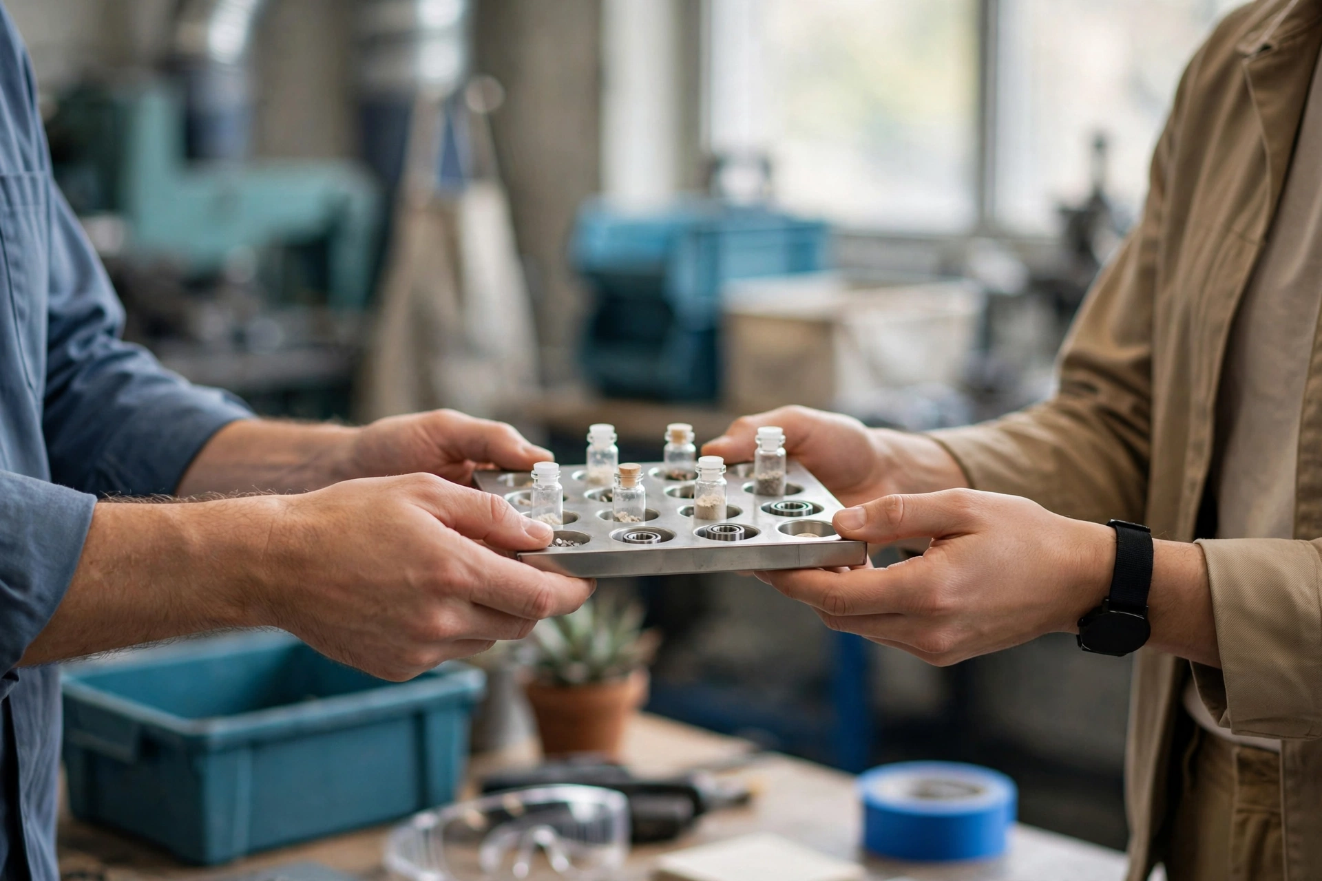 A plant operations colleague hands a sample tray with small vials to a customer-facing teammate in a workshop.