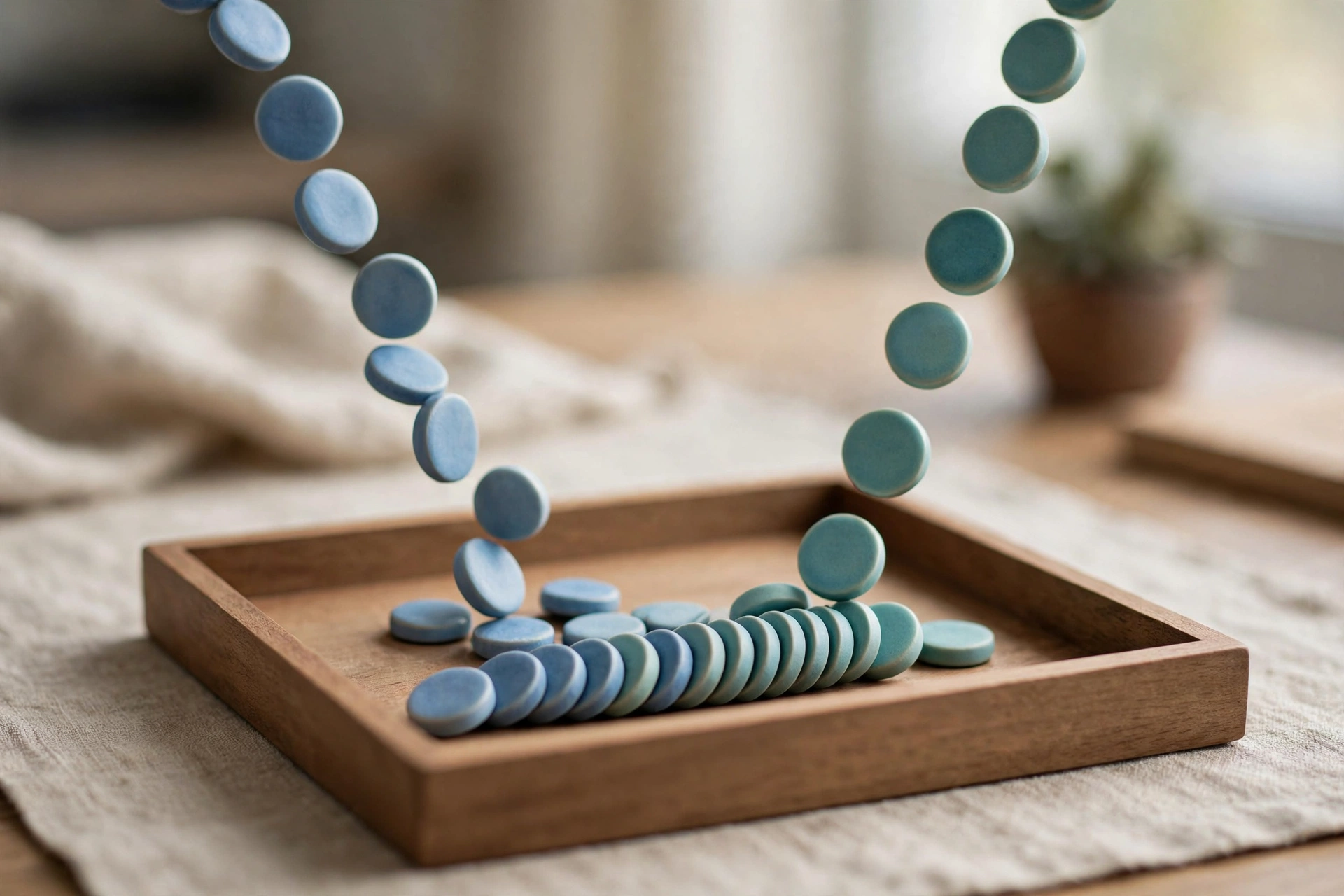 Blue and teal ceramic tokens fall from above into a wooden tray, forming ordered rows.