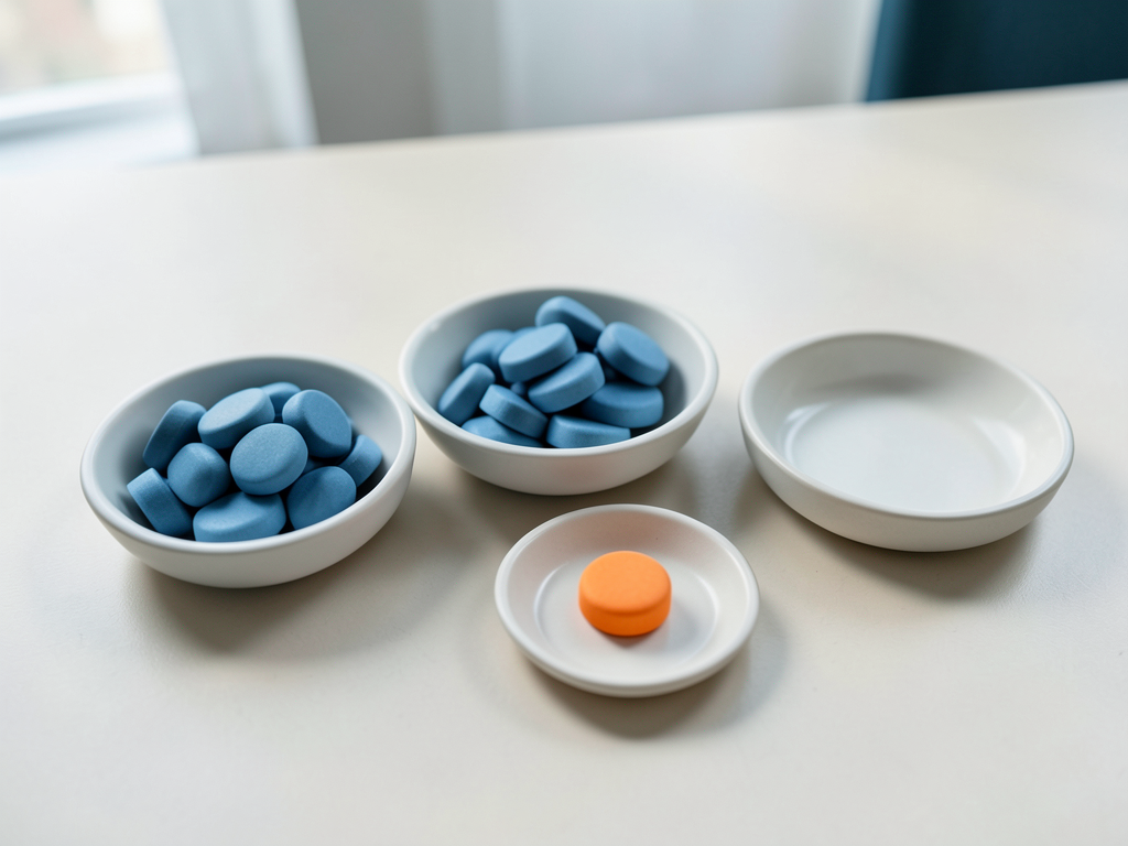 Three shallow dishes hold blue tokens, with one dish empty and another holding a single orange token.
