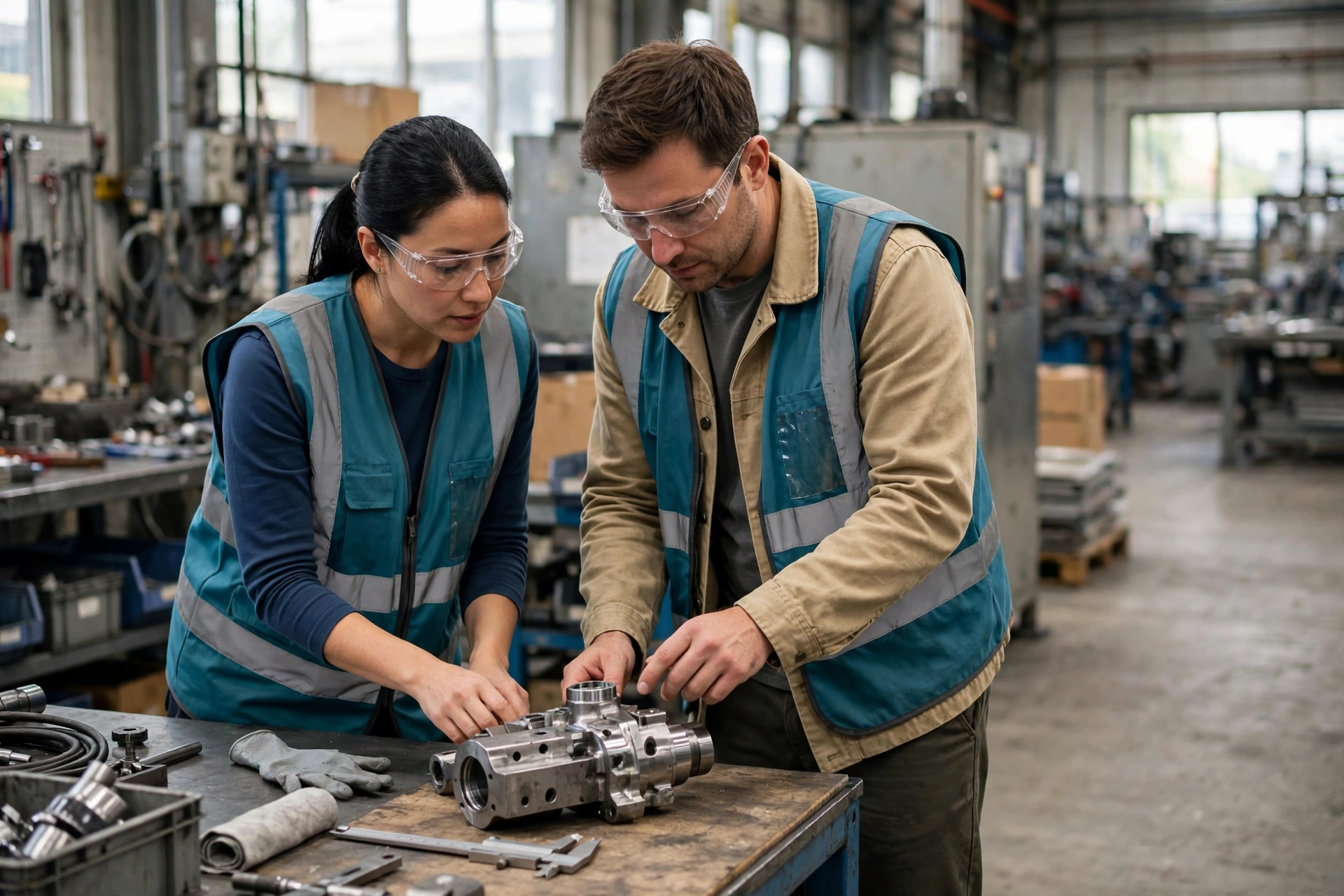 A man and a woman in safety vests and glasses inspect a metal component on a workbench in a factory.