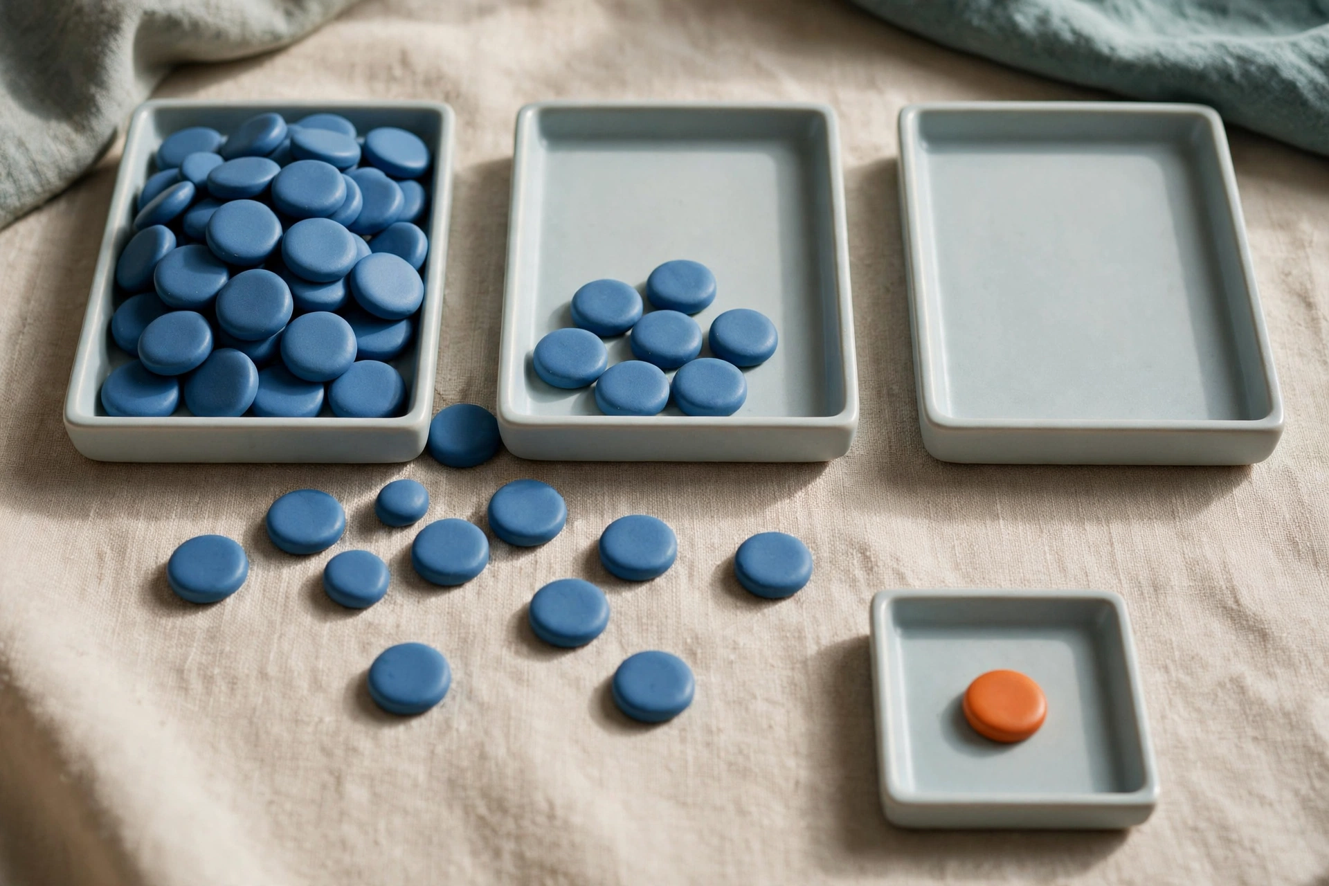 Three shallow trays hold blue ceramic tokens, with one tray empty and several tokens scattered on a textured surface.