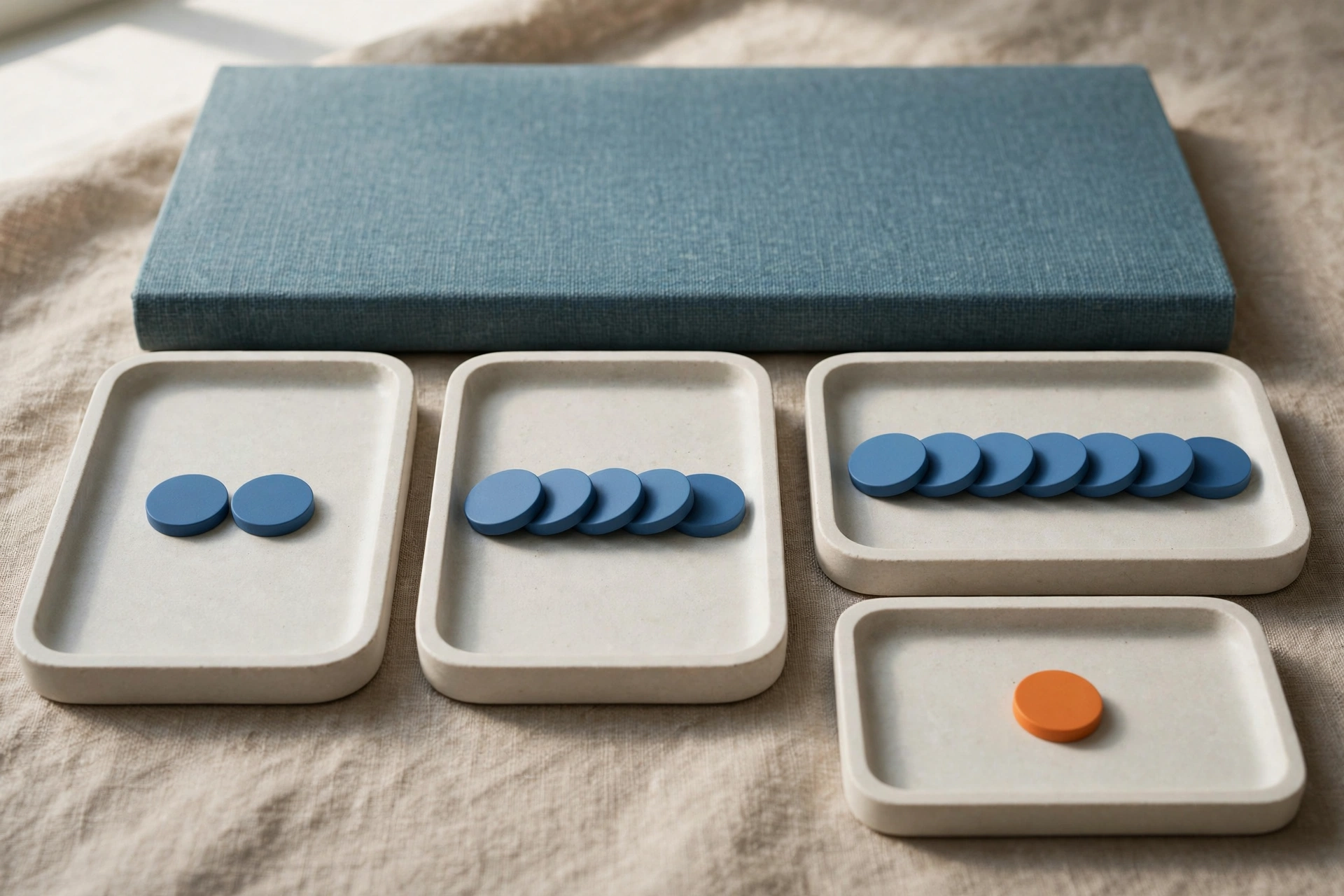 Three shallow office trays with blue tokens progress from left to right, with an orange token isolated in a fourth tray.