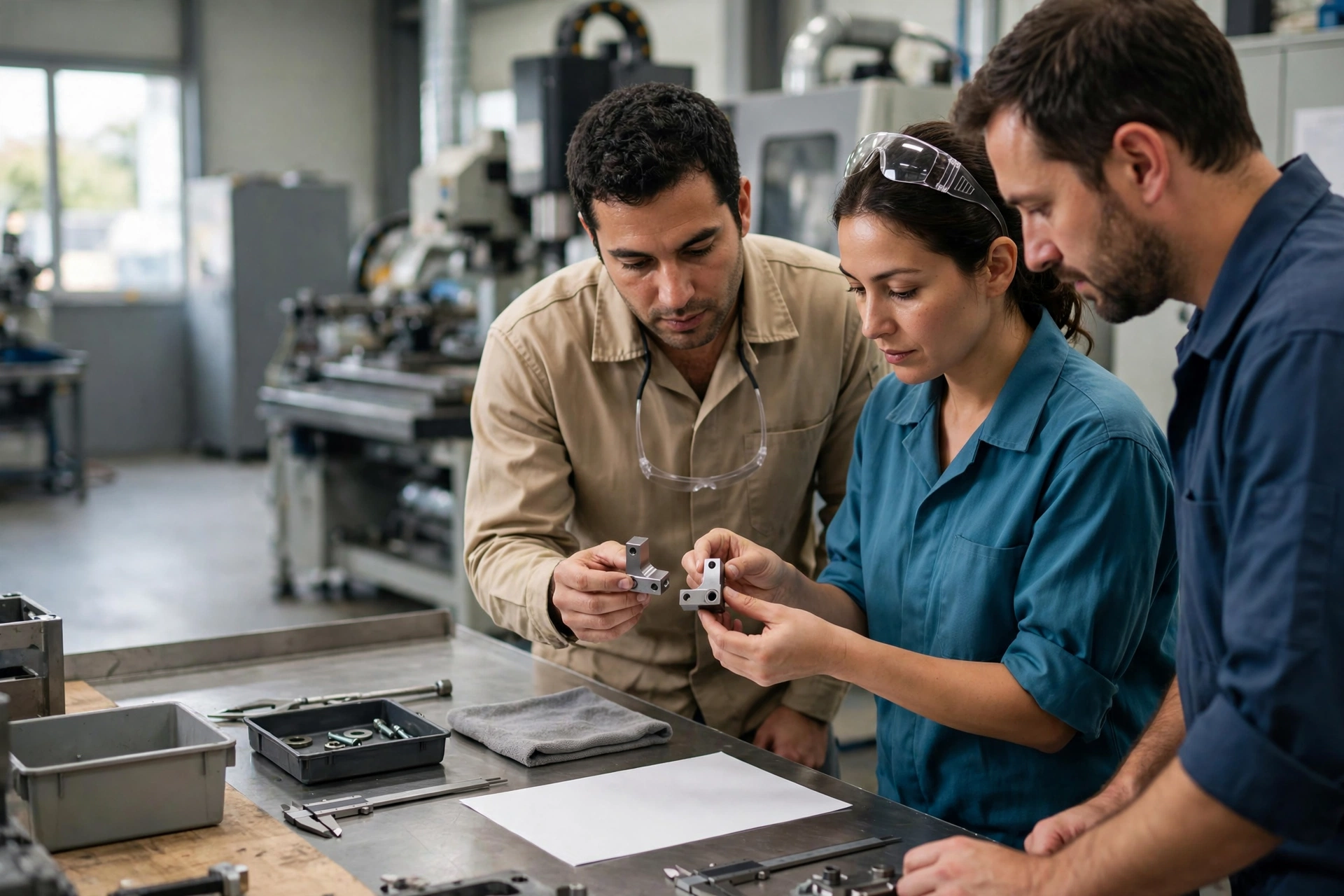 Three manufacturing workers, two men and one woman, compare small metal parts at a workbench in a factory setting.