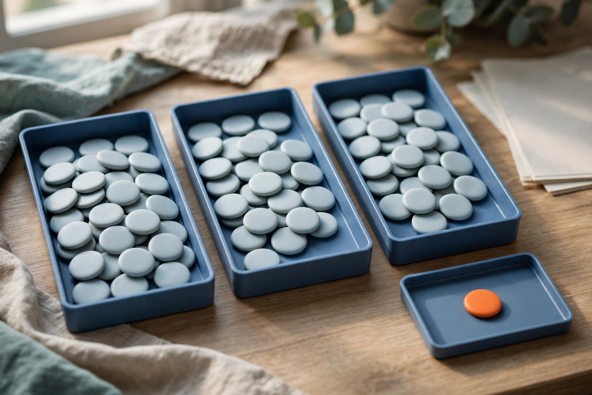 Three blue trays filled with light blue tokens are arranged in sequence, with a fourth tray holding a single orange token to the side.