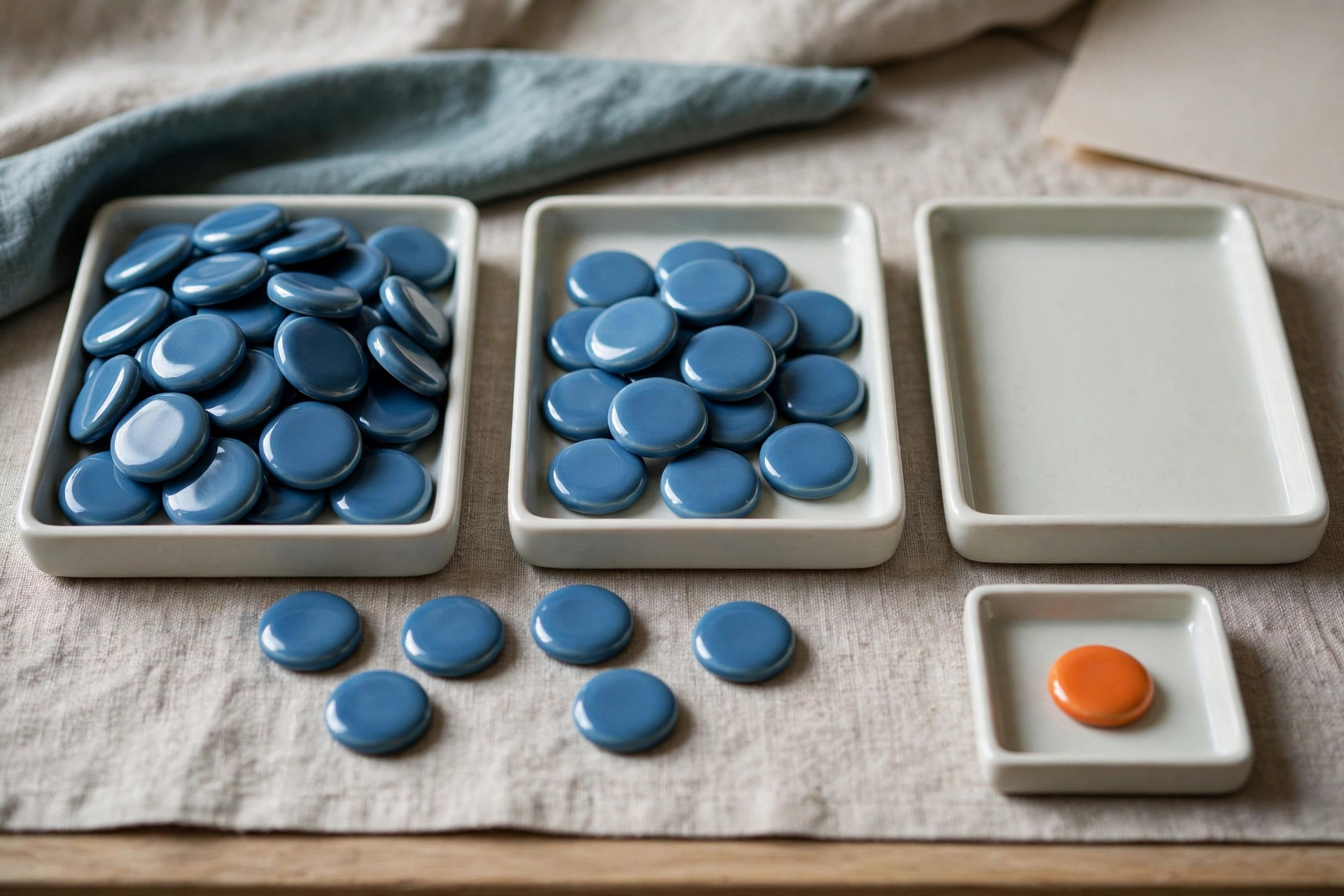Three shallow trays hold blue ceramic tokens, with one tray empty and an orange token in a small separate tray.