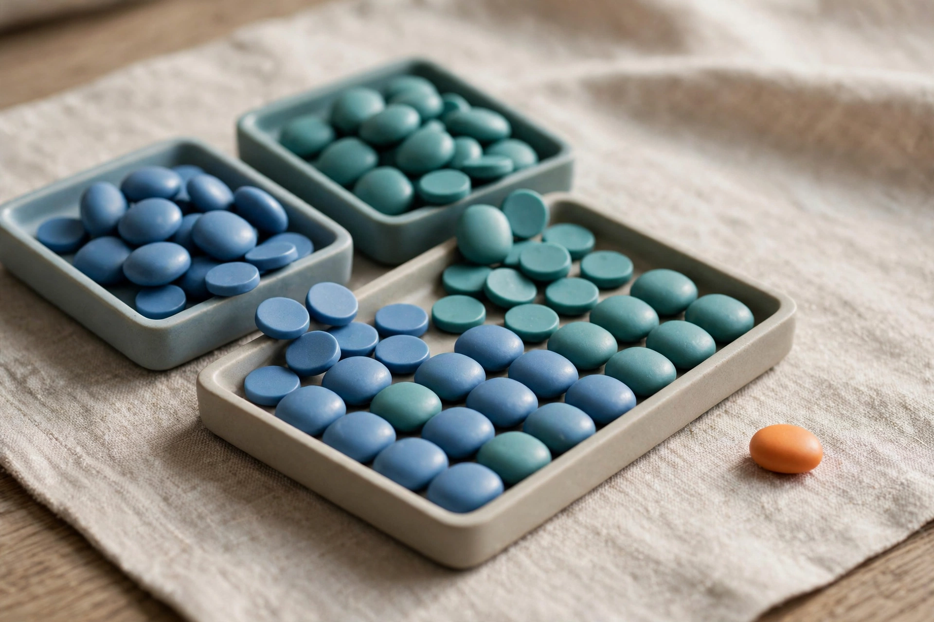 Two square trays of blue and teal tokens converge into a single larger tray, with one orange token isolated to the side.