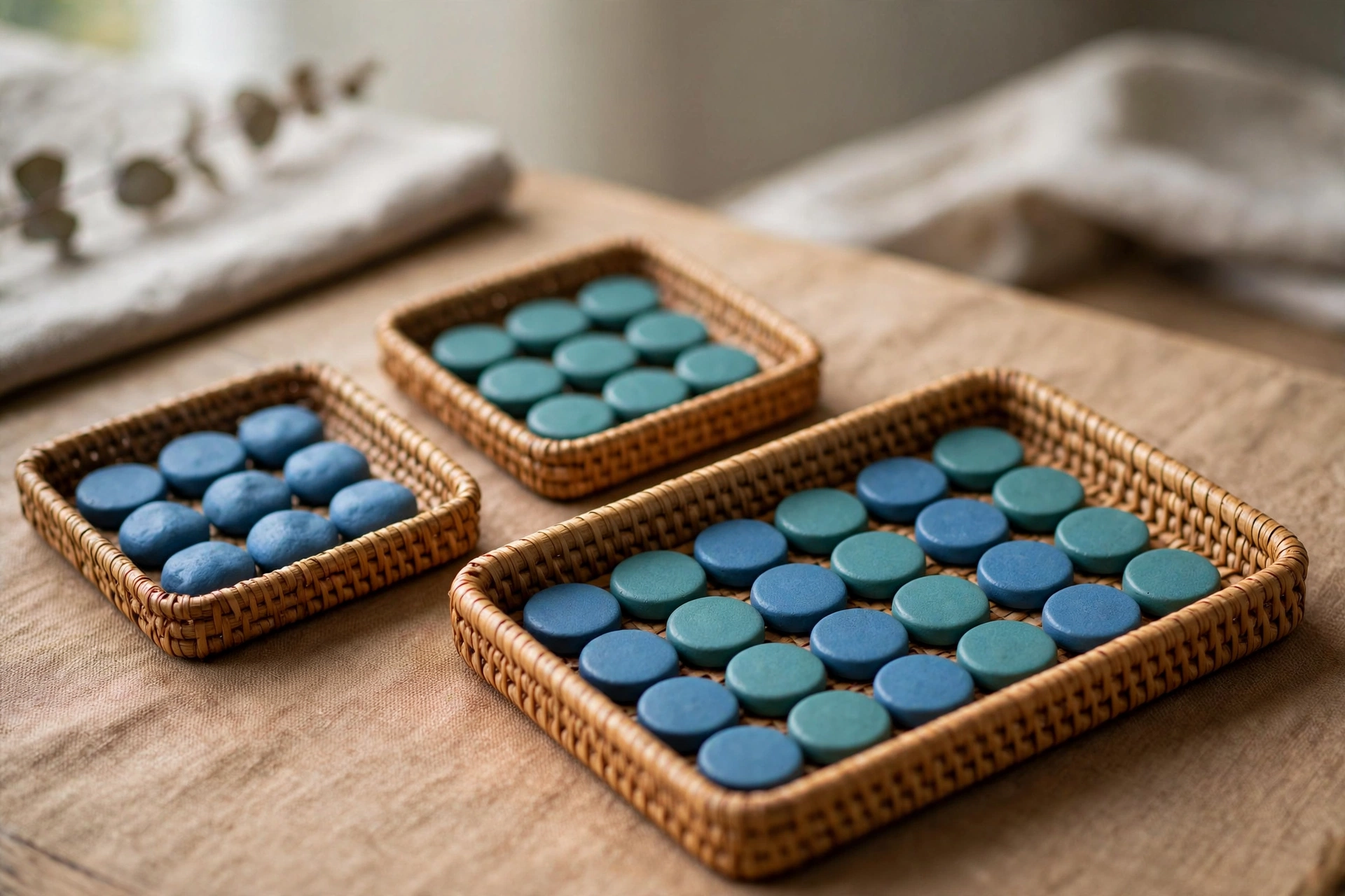Three woven trays with blue and teal tokens are arranged on a textured surface, representing the integration of separate groups.