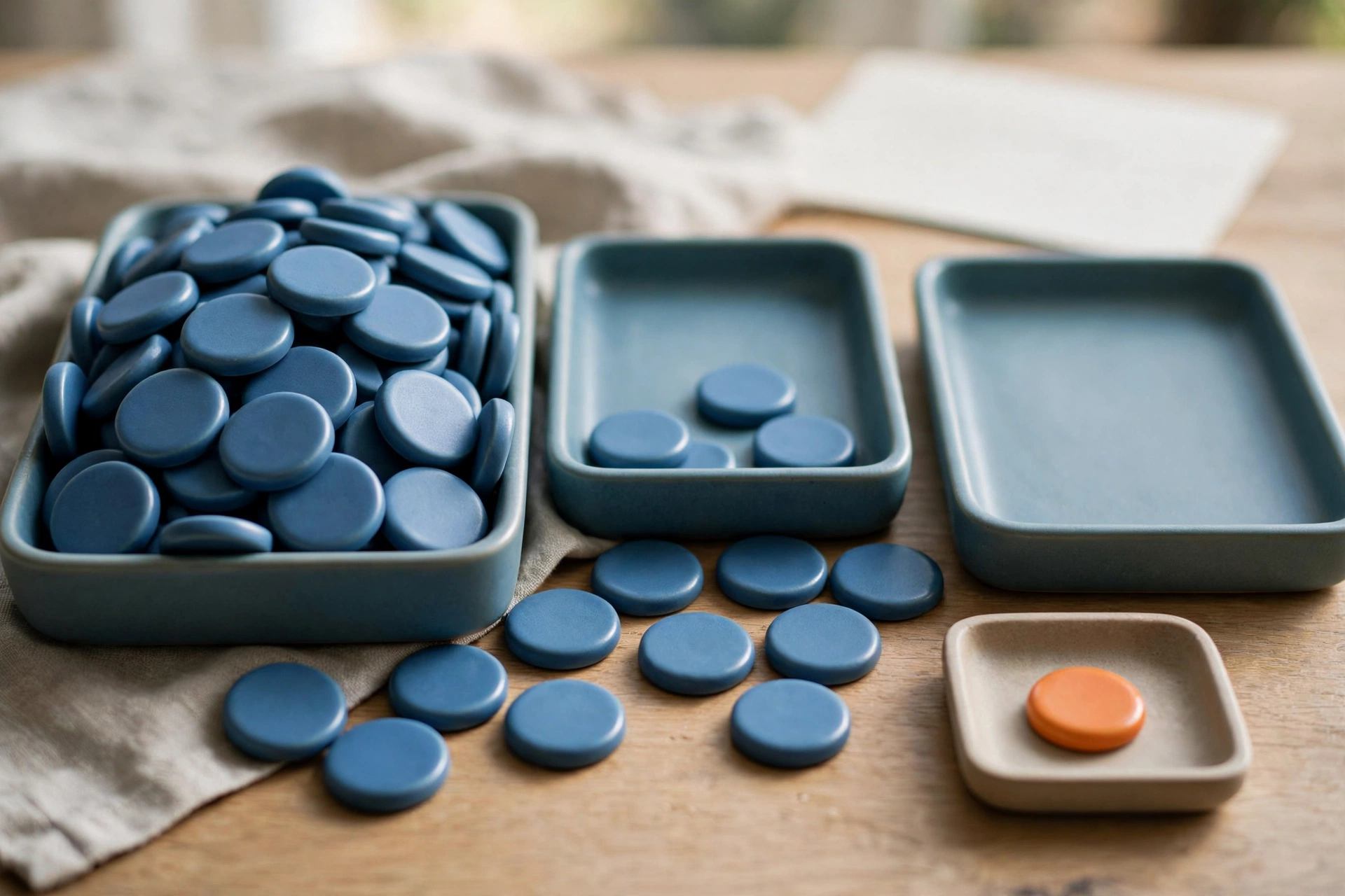 Three shallow trays of blue tokens and one small tray with an orange token are arranged on a wooden surface.