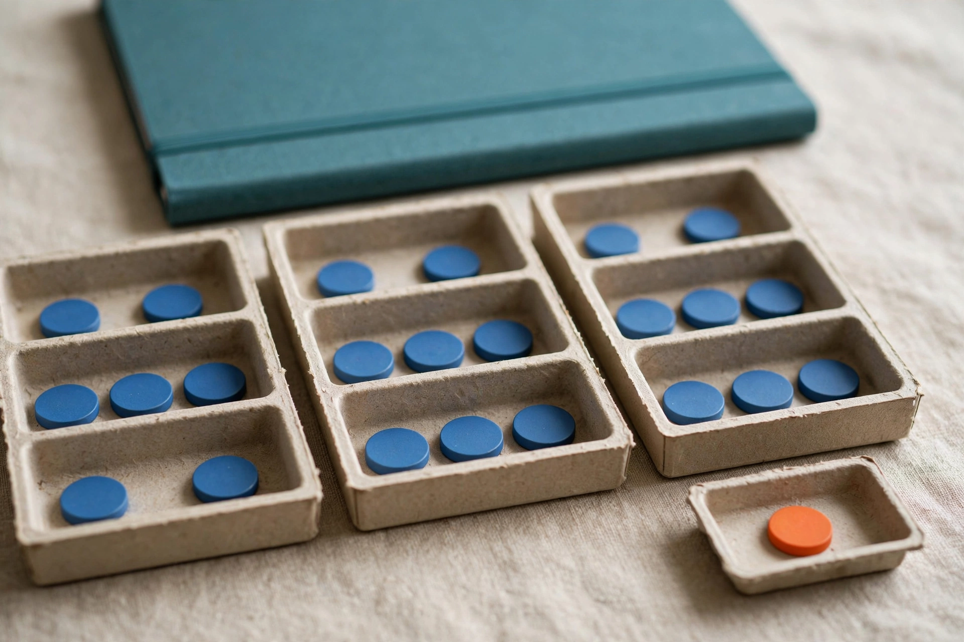 Blue tokens are distributed across three trays, with one orange token in a separate small tray, and a teal folder behind.