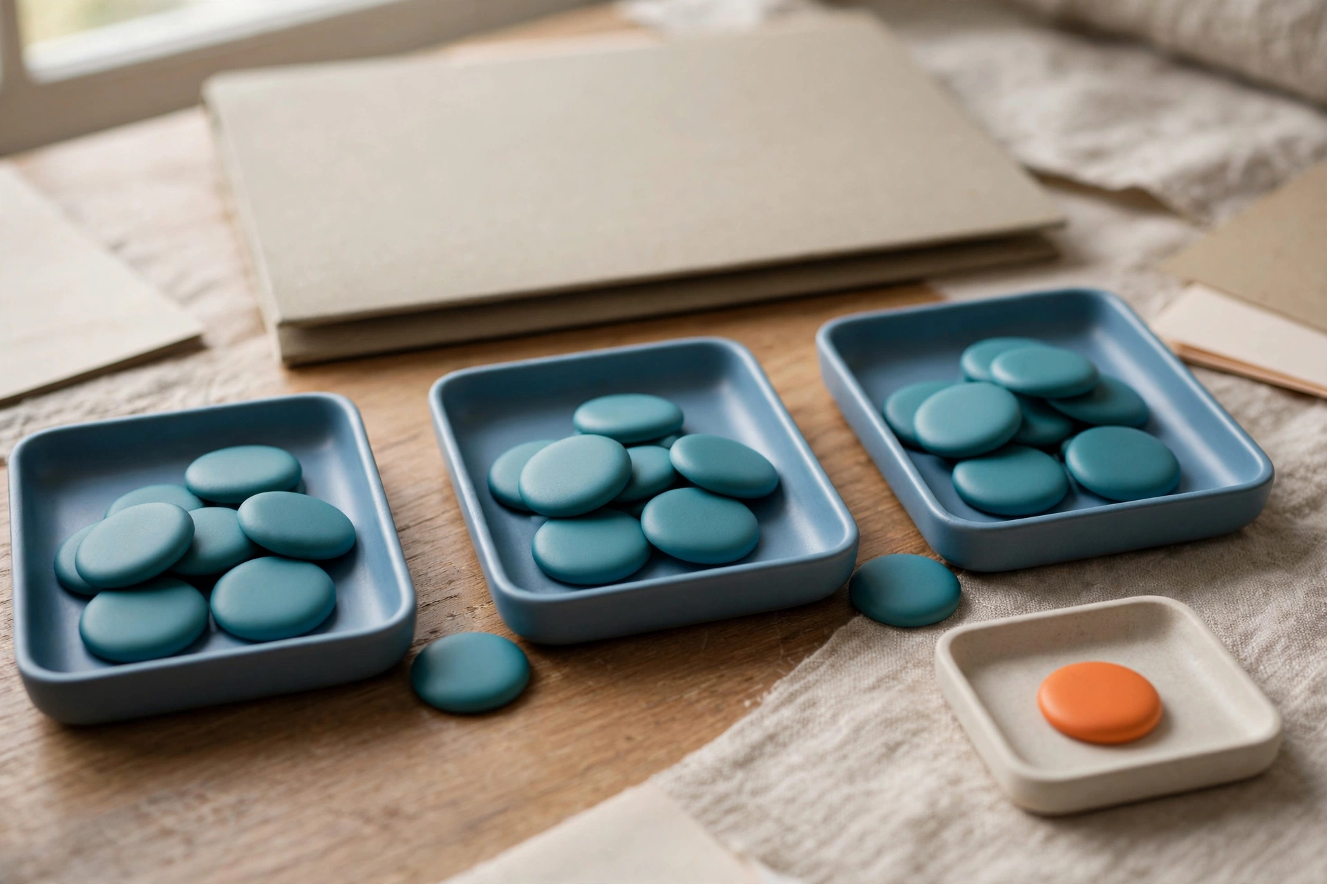 Three blue trays with teal tokens are arranged left to right, with a separate small tray holding one orange token.