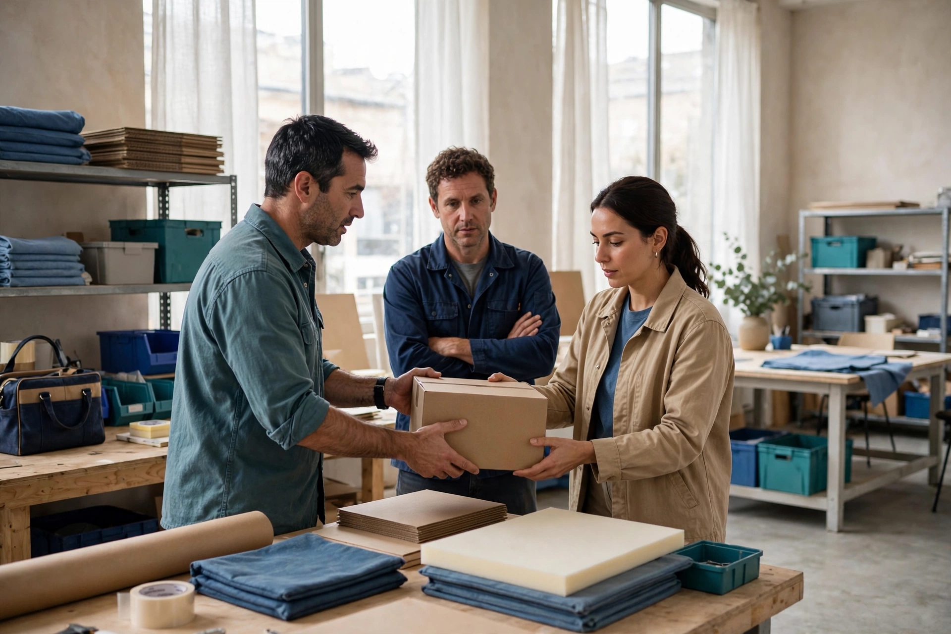 A man hands a box to a woman while another man watches in a bright studio with shelves of materials.